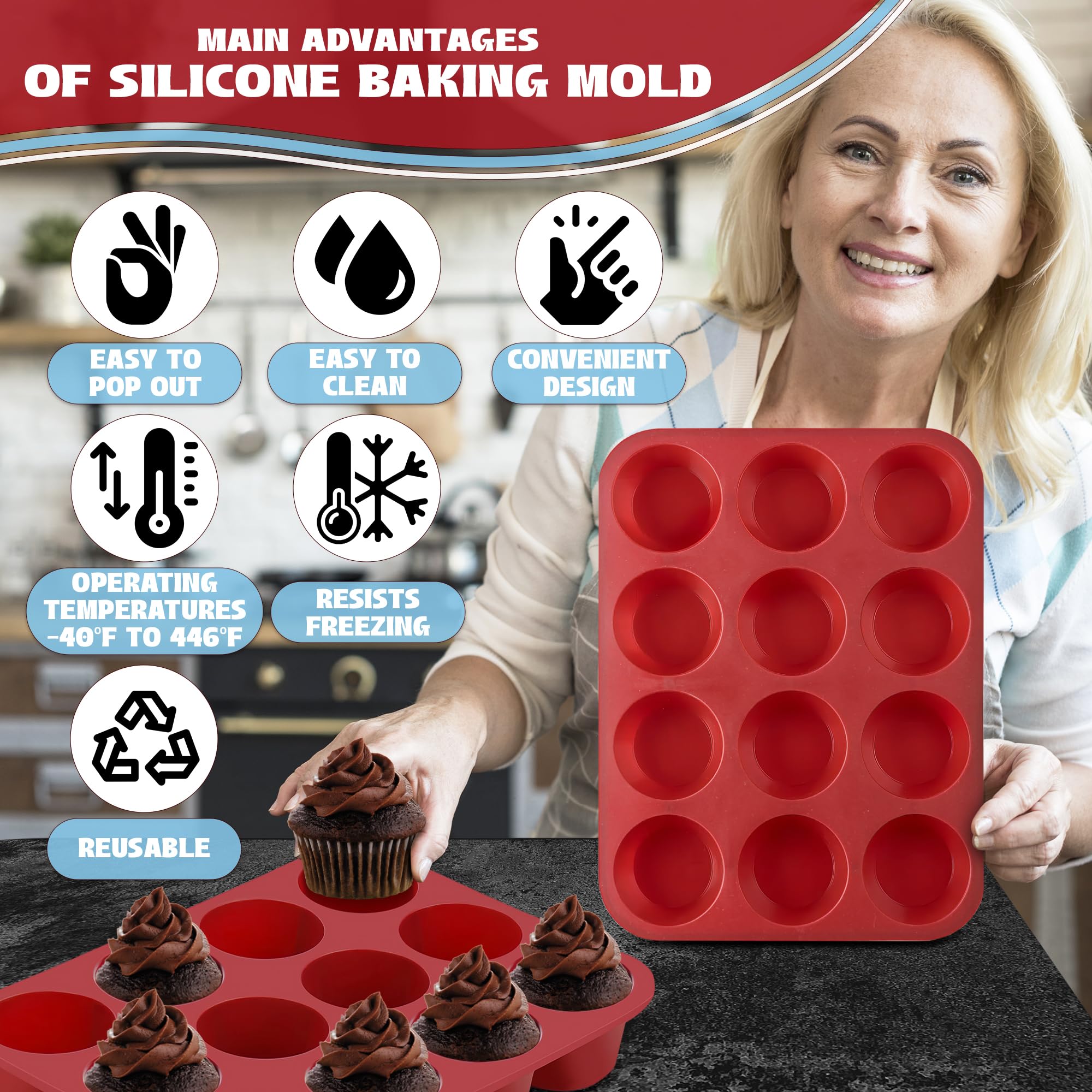 Premium Nonstick Silicone Muffin Pan Set - 12-Cup Deep Muffin Tray (2-Pack, 2-Inch Height) for Baking Cupcakes, Muffins & Desserts - Perfect for Home Baking, Party Treats & Holiday Cooking