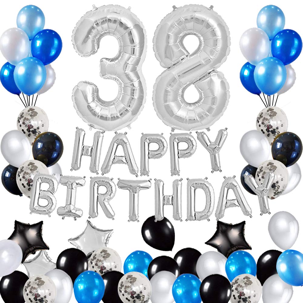 38th Birthday Party Decorations Set - Foil Happy Birthday Banner, Number 38 & Star Balloons, 43pcs Latex Balloons in Silver & Blue for Adult Birthday Celebrations & Milestone Parties