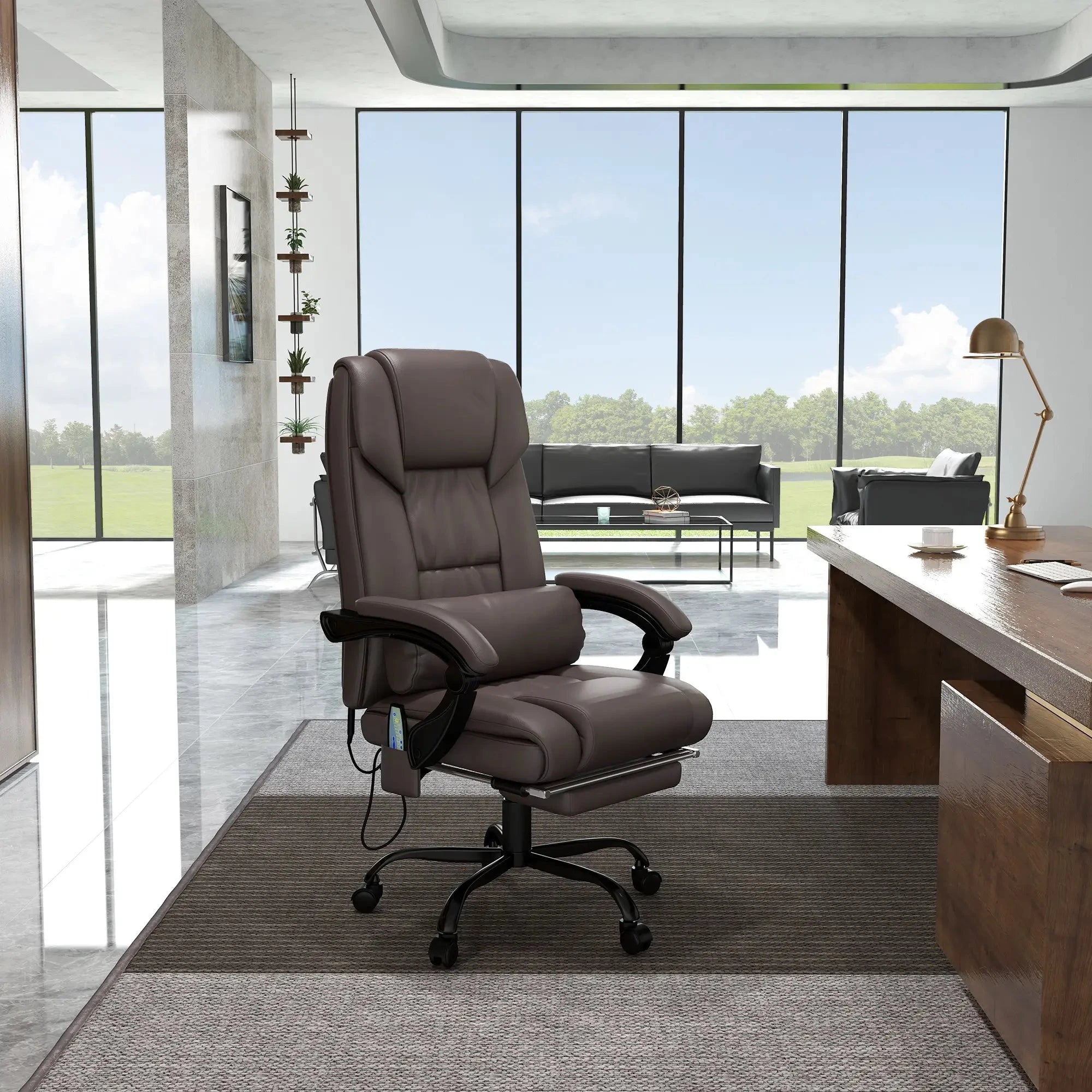 6-Point Vibration Massage Faux Leather Office Chair - Brown Ergonomic Executive Chair for Home & Office Use - Perfect for Long Work Hours & Back Pain Relief