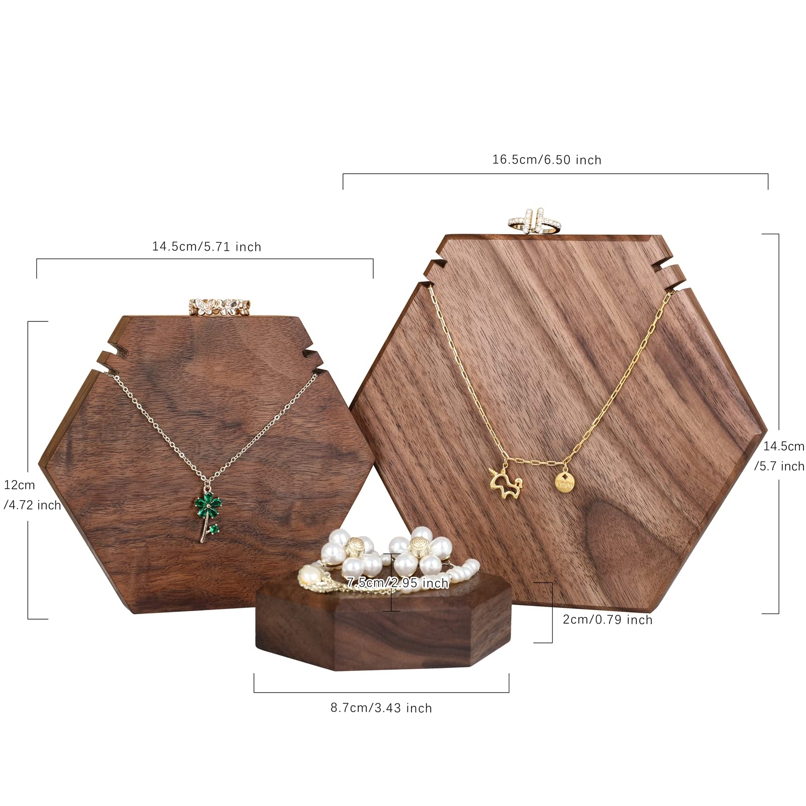 GemeShou 3-Piece Walnut Wood Necklace Display Stand Set - Hexagon Jewelry Holder Organizer for Retail Stores & Boutiques | Perfect for Necklace Storage, Showcase, and Selling in Jewelry Shops