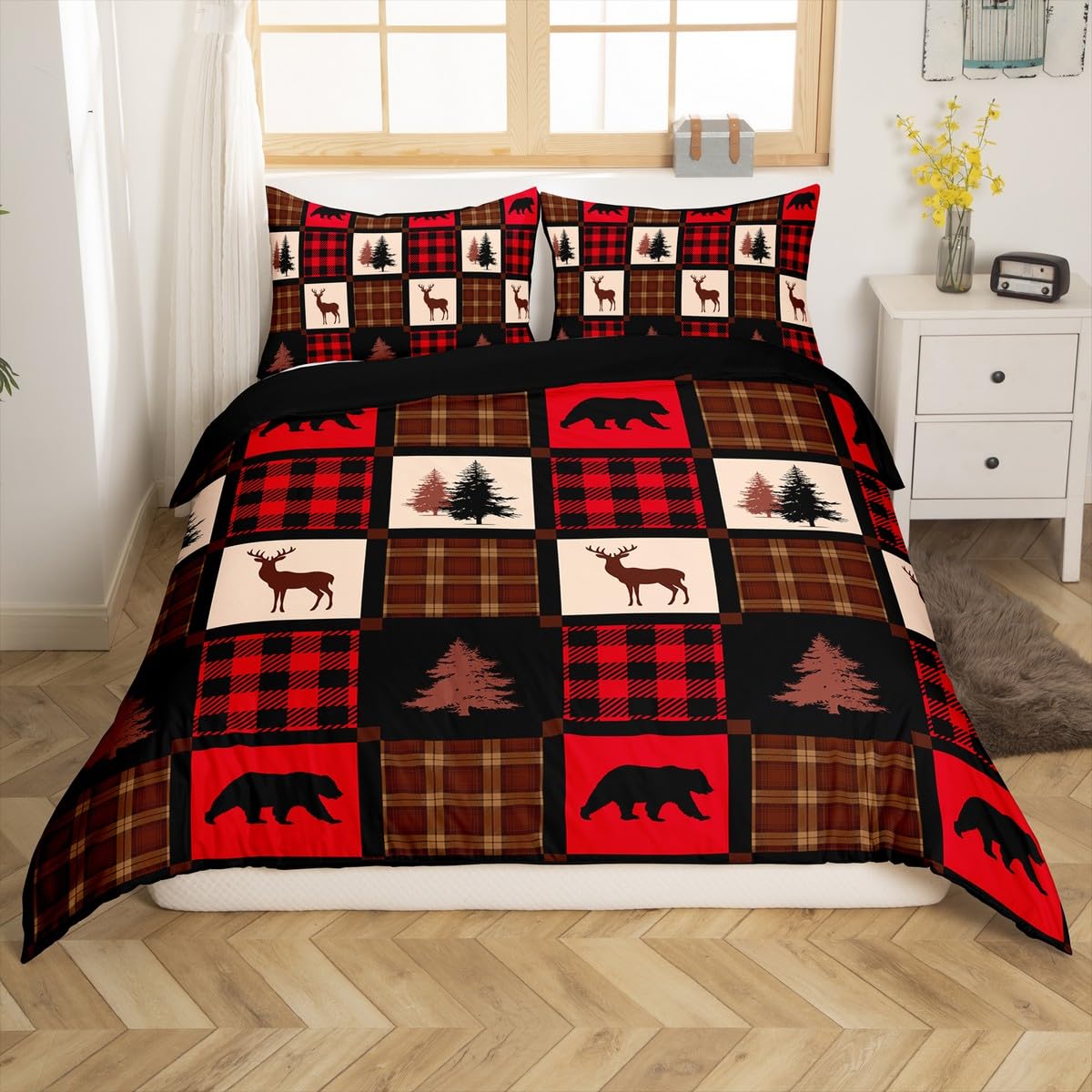 Erosebridal Rustic Queen Duvet Cover - Farmhouse Bear & Deer Bedding Set, Vintage Lodge Decor with 2 Pillowcases (No Comforter Included) - Perfect for Cabin, Country Camping & Cozy Bedroom Retreat