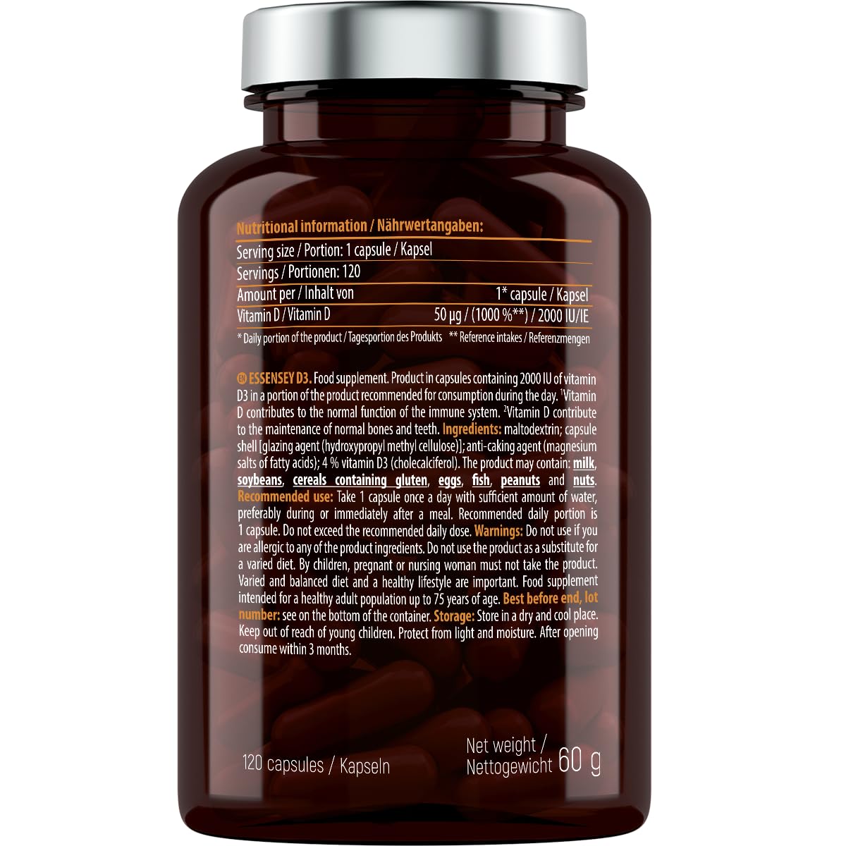 Essensey Vitamin D3 120 Capsules - Supports Immune System & Bone Health - Perfect for Daily Wellness & Immune Boost