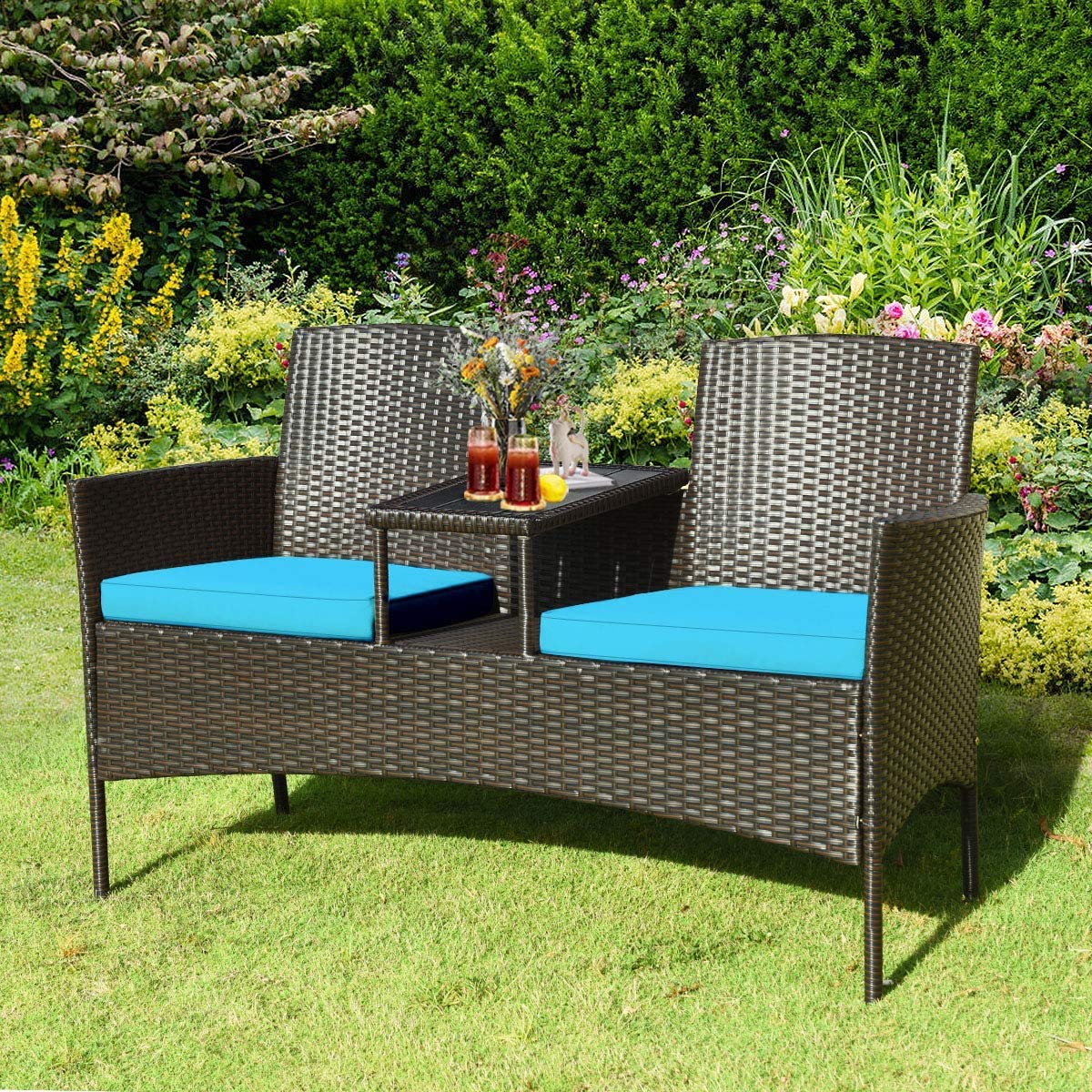 Modern Outdoor Wicker Loveseat Sofa Set with Built-in Coffee Table & Soft Cushions - Turquoise Rattan Patio Furniture for Backyard, Porch, Poolside, Lawn - Perfect for Relaxing, Entertaining & Sunbathing
