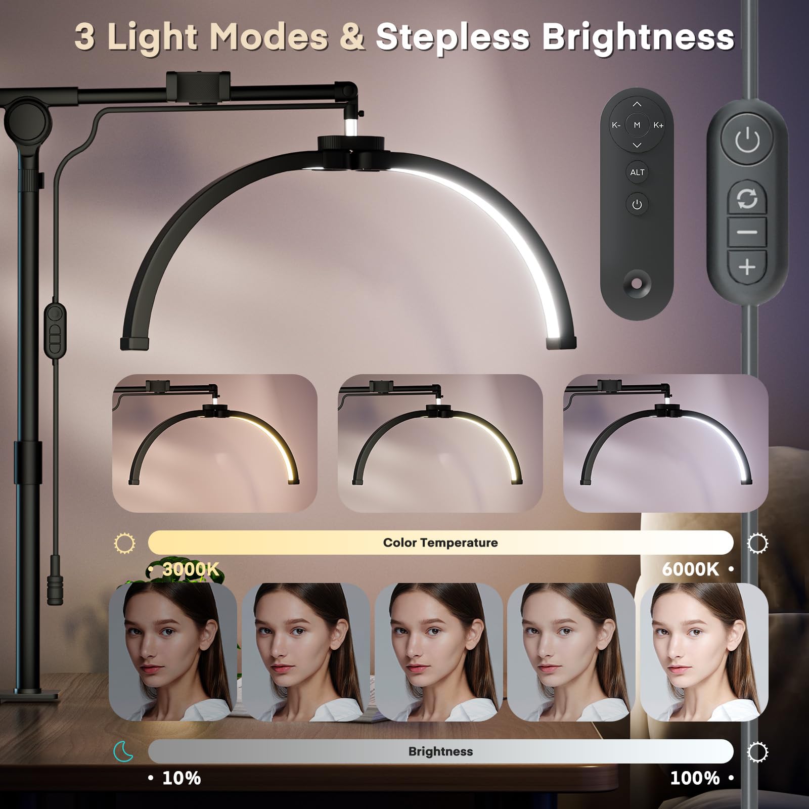 Professional 2-in-1 Foldable Half Moon Lash Light for Eyelash Extensions - Adjustable Esthetician Light with Phone Holder & Desk Clip - 3 Lighting Modes for Eyelash Tech, Skincare, Nail Art & Beauty Salon Use - Perfect for Home & Professional Beauty Services (Black)