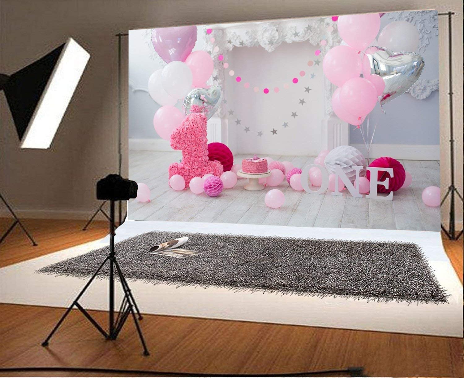 Leowefowa 5x3ft Pink Balloons & Paper Flowers Vinyl Backdrop for Baby Girl 1st Birthday Party - Photography Background, Cake Smash Photo Studio Props, First Year Celebration Decoration - Perfect for Birthday Photos, Baby Showers & Milestone Parties