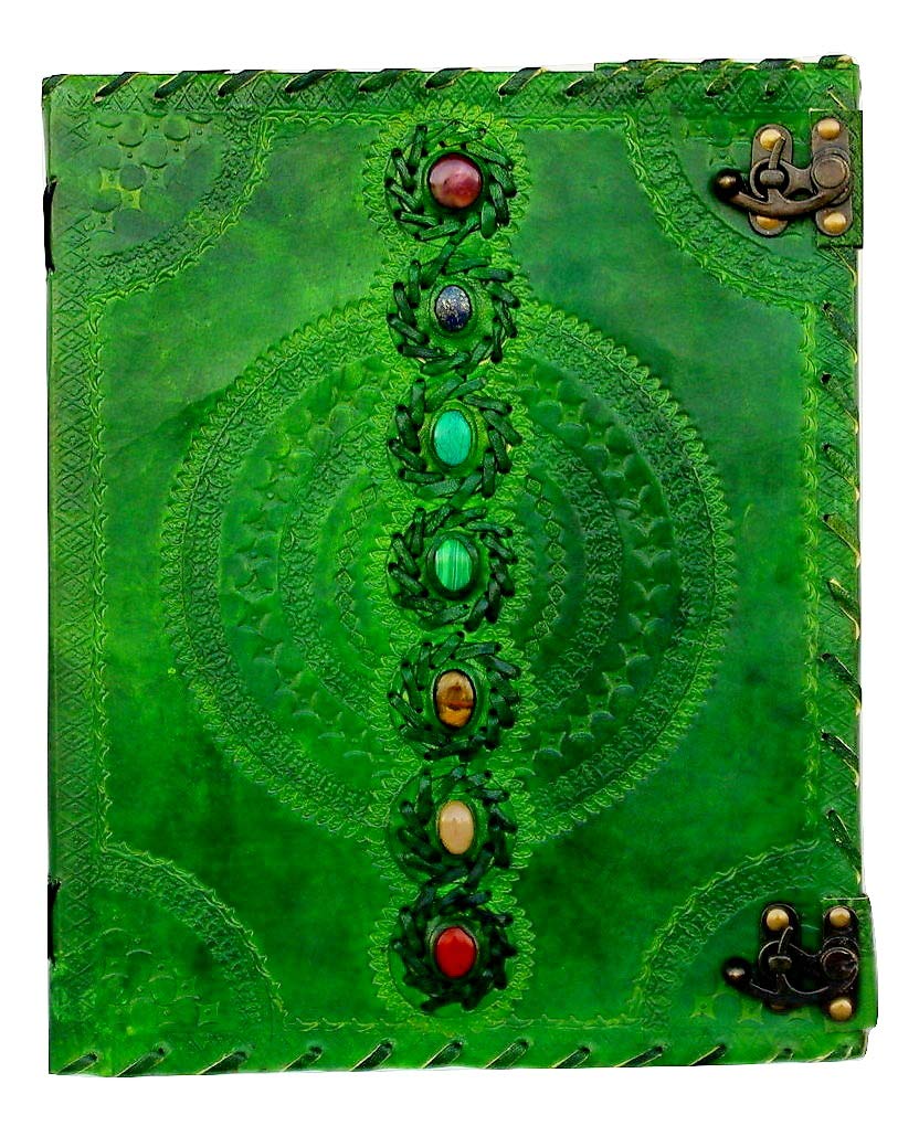 Handmade Leather Journal Notebook - 10x13 Inch Seven Chakra Embossed Book of Shadows, Medieval Style Writing Diary for Office, College, Poetry & Sketching (Green) - Perfect for Wiccan Practitioners, Writers & Artists
