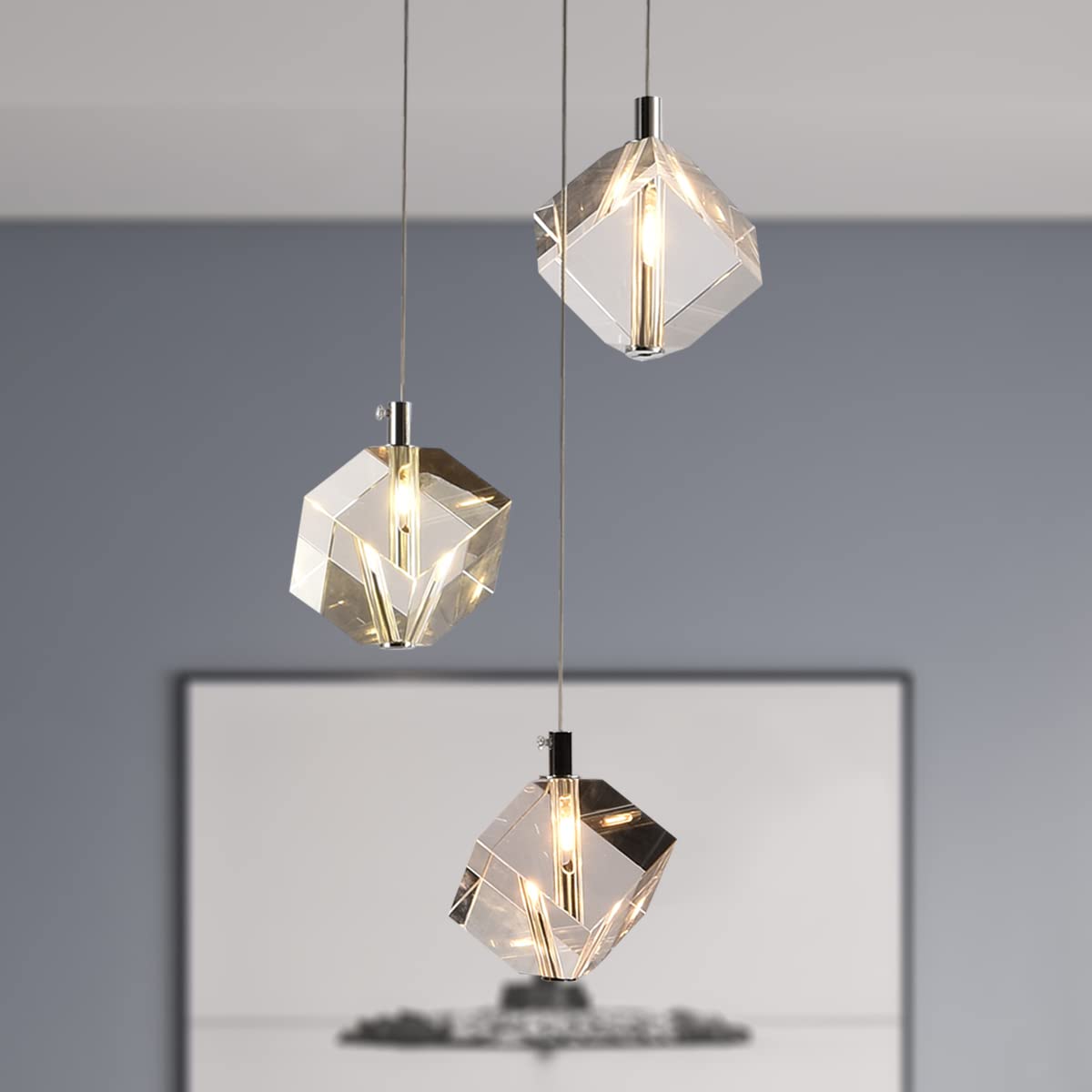 Modern Farmhouse Chandelier - Nordic Crystal Hanging Lamp with Raindrop Chrome Pendant Lights for Entryway, Living Room, Bedroom, Kitchen Island & Dining Room - 3-Light Round Fixture for Cozy Home Decor & Elegant Lighting Solutions