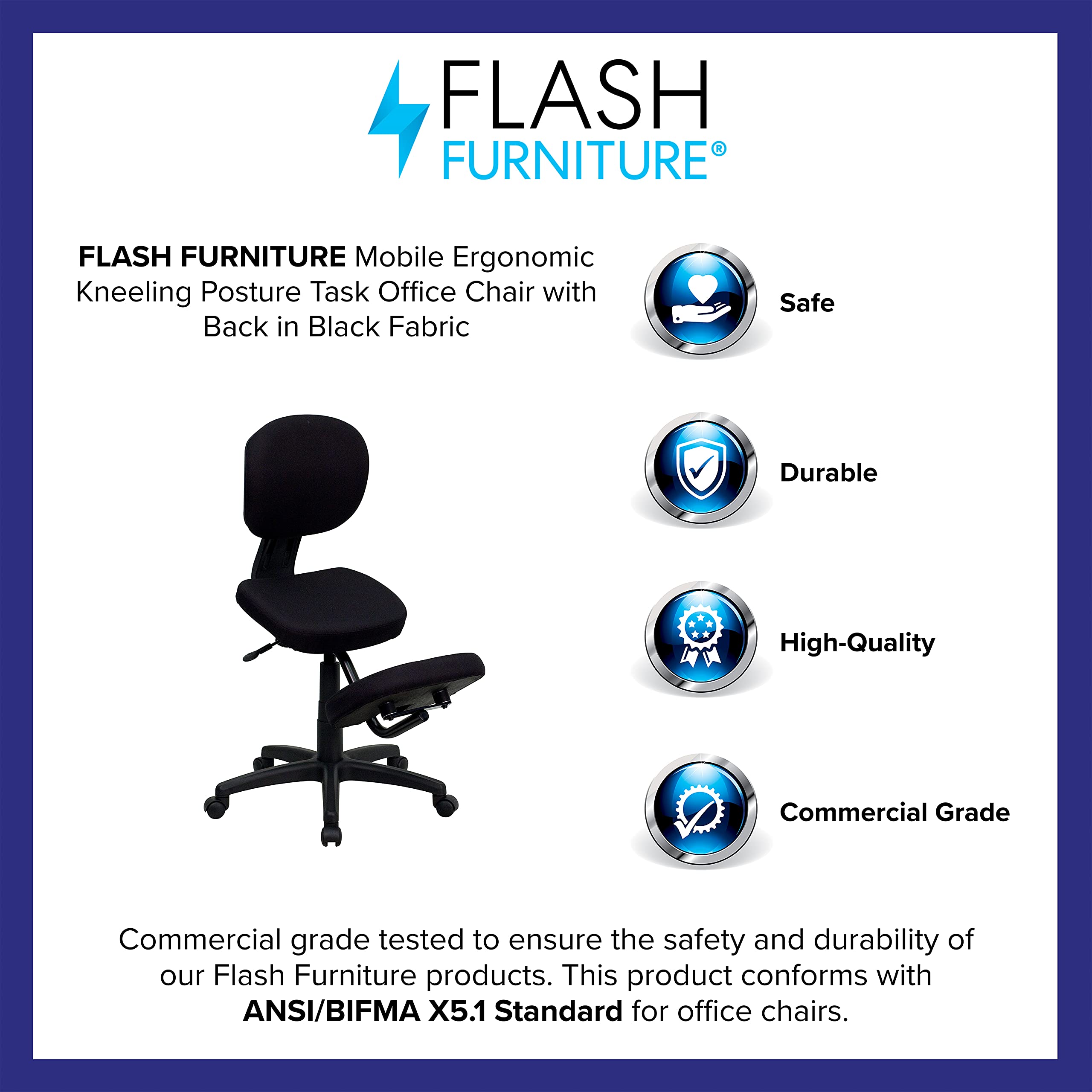 Flash Furniture Tatum Ergonomic Kneeling Office Chair with Back Support - Black Fabric for Home & Office Workspace Comfort
