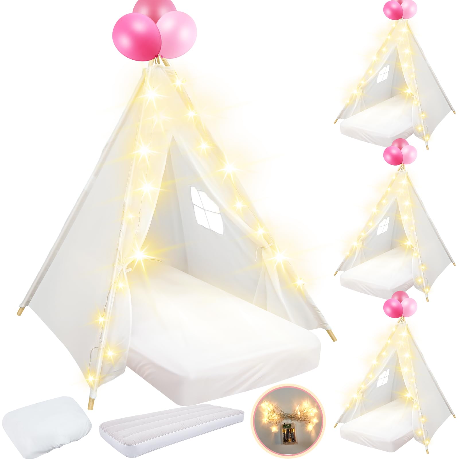 4 Pack Kids Teepee Tent with Mattress, Fitted Sheet & LED Lights - Washable Cotton Play Tent for Girls Sleepover, Birthday Party, Movie Night - Indoor & Outdoor Playhouse (White)