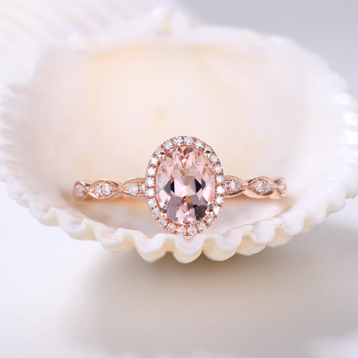 5x7mm Oval Cut Halo Morganite & Diamond Engagement Ring - Vintage Art Deco Style for Wedding, Proposal & Anniversary Gifts