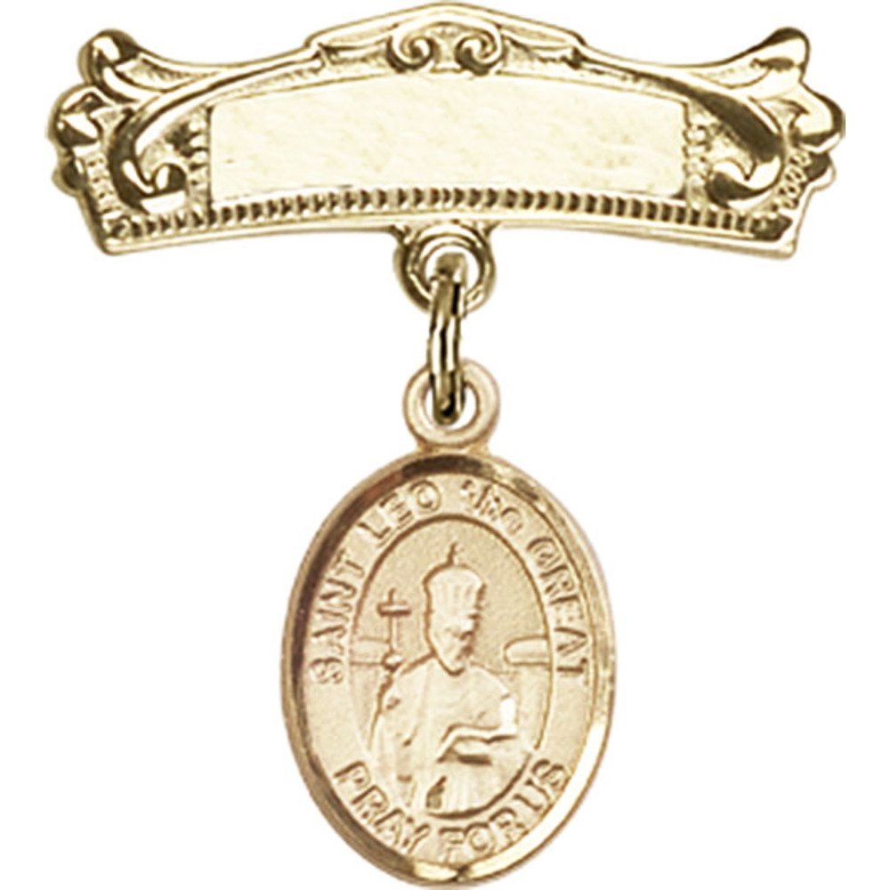 St. Leo The Great Gold Filled Baby Badge - 7/8 X 3/4 Inch Arched Polished Charm Pin for Christening, Baptism & First Communion Gifts