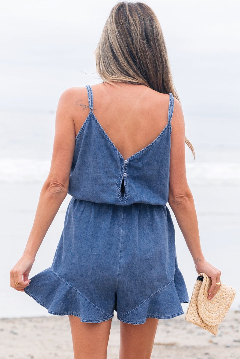 Ashleigh Blue Spaghetti Straps V Neck Belted Ruffled Romper - Women's Summer Jumpsuit for Beach, Party & Casual Wear