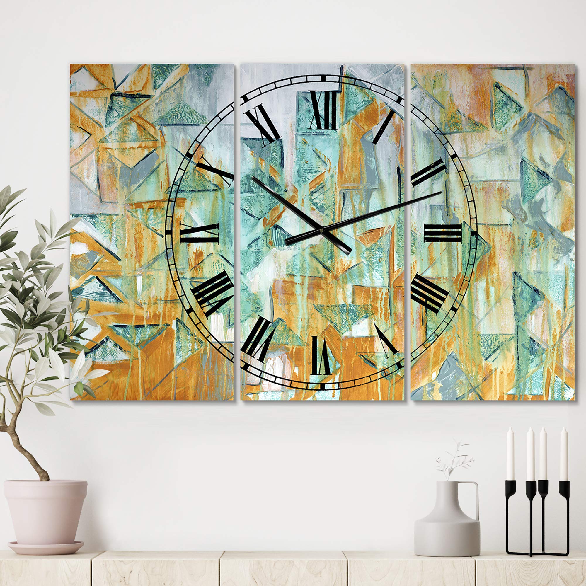 DesignQ Modern Wall Clock 'Triangular Cascade' - Green Round Silent Non-Ticking Wall Clock for Living Room, Bedroom, Office Decor | Perfect for Home, Office & Gift Giving