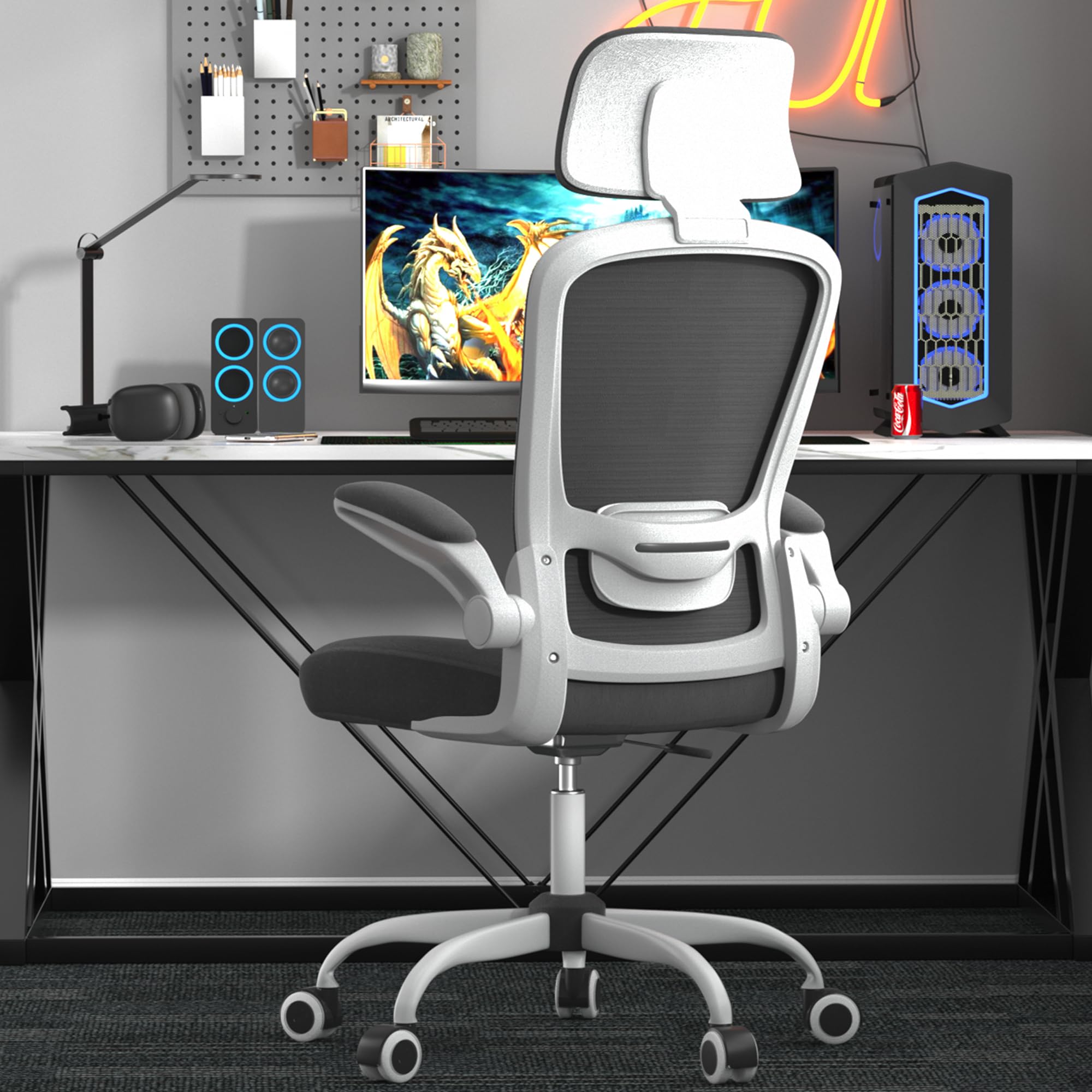 Ergonomic High Back Office Chair with Adjustable Lumbar Support & Headrest - Mimoglad Swivel Task Chair with Flip-Up Armrests for Guitar Playing (Modern, Dim Gray) - Perfect for Home Office, Gaming & Music Practice