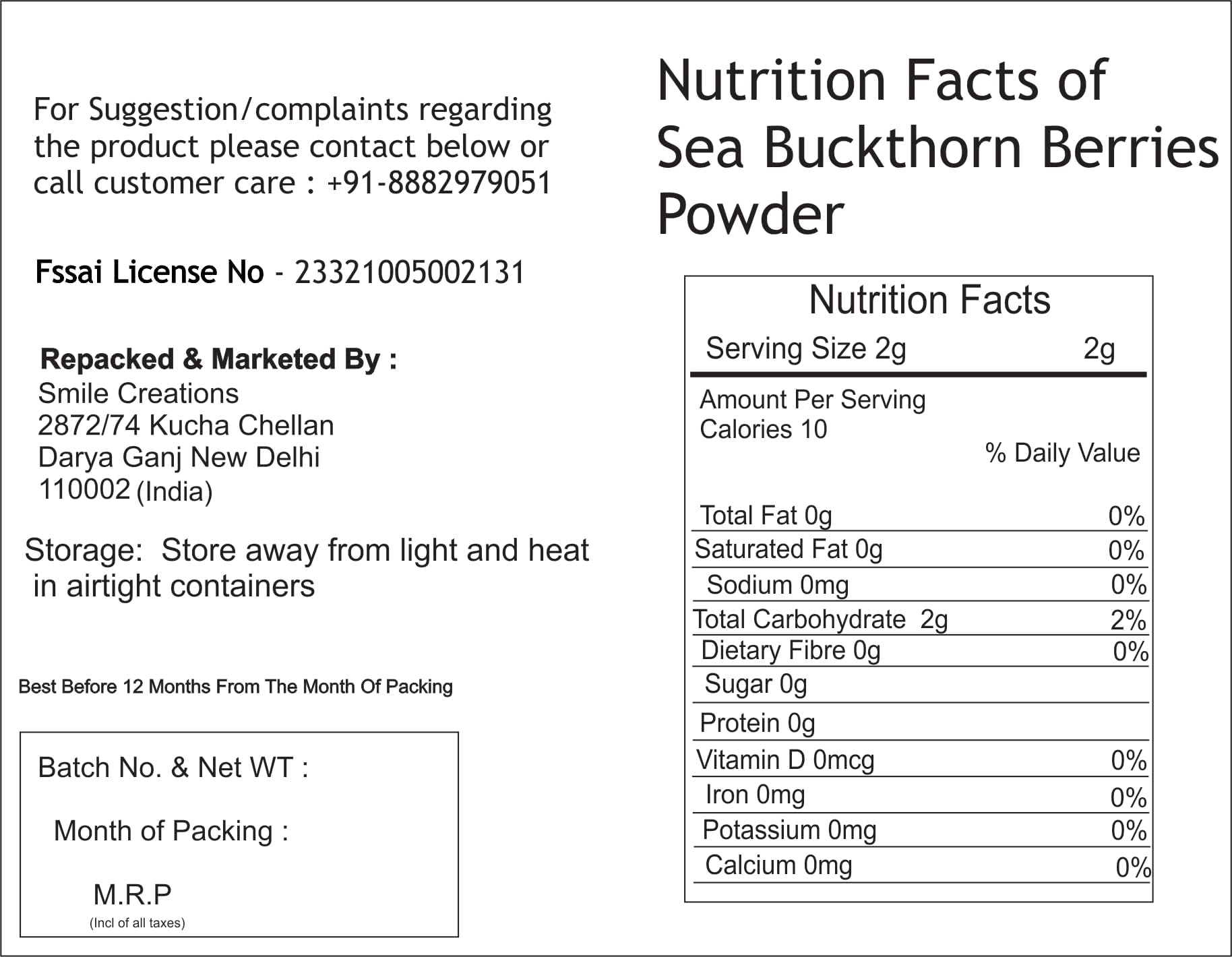 Organic Sea Buckthorn Berry Powder - 100% Pure & Natural Superfood Supplement for Immunity & Skin Health (50g) - Perfect for Smoothies, Baking & Wellness Drinks