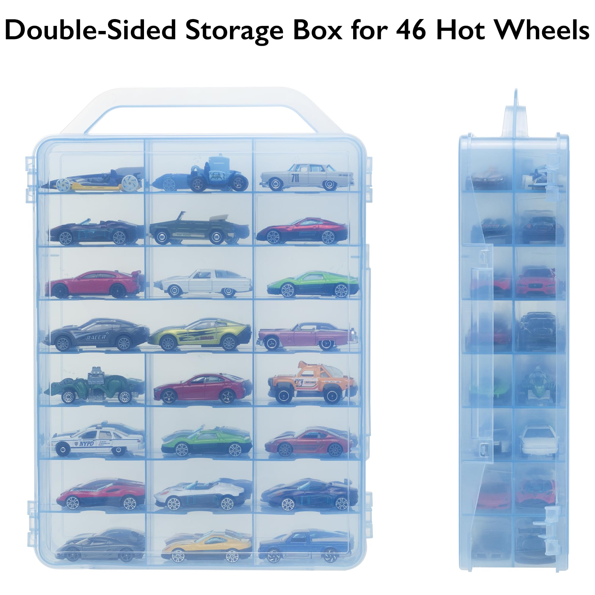 KISLANE Double Sided Car Storage Case for 48 Matchbox Cars, Mini Toys & Small Dolls - Portable Transparent Organizer with 48 Slots (Blue) | Perfect for Kids' Toy Storage, Travel & Playroom Organization