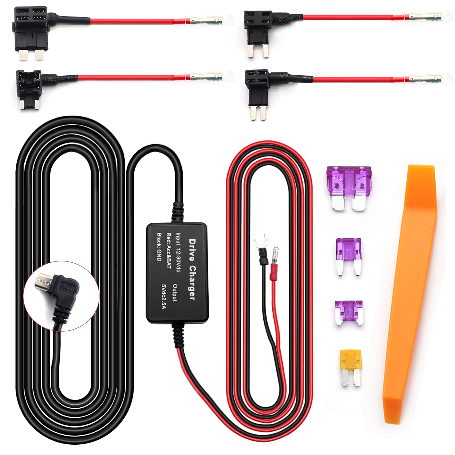 Dash Cam Hardwire Kit 12V-24V to 5V with Fuse Tap - for Car Camera Power Installation