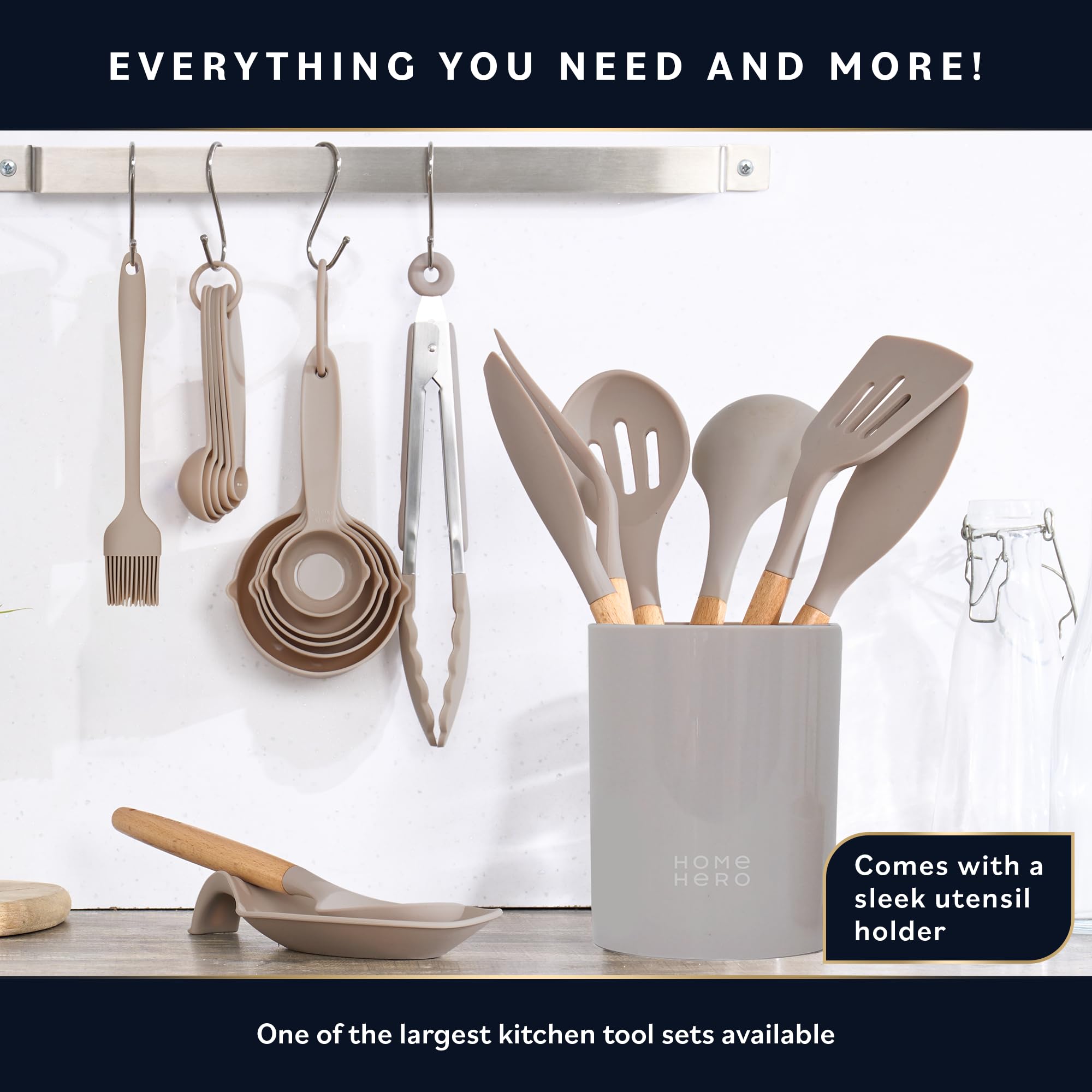 Home Hero 33-Piece Non-Stick Silicone Kitchen Utensil Set with Wooden Handles & Holder - Spatulas, Cooking Tools & Gadgets for Baking, Grilling & Everyday Cooking (Khaki)