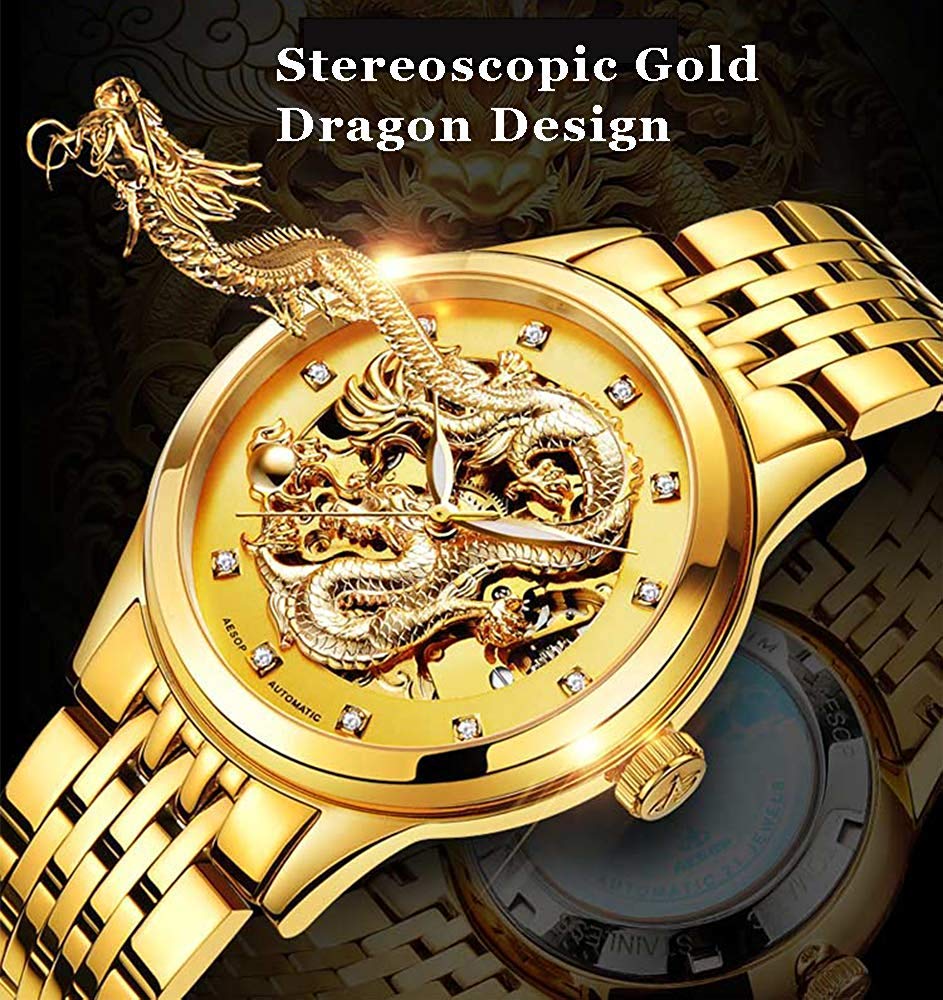 3D Golden Dragon Hollow Automatic Watch for Men - Waterproof Luxury Wristwatch with Diamond Hour Markers | Perfect for Business, Gifts & Formal Occasions