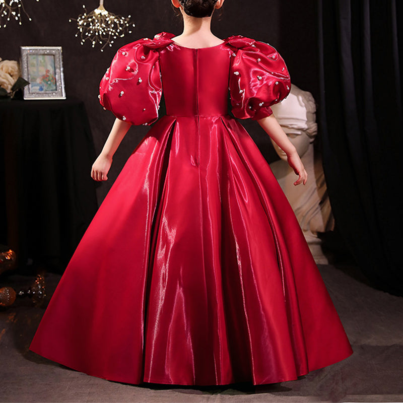 Elegant Red Organza A-Line Flower Girl Dress with Puff Sleeves - Perfect for Weddings, Pageants & Special Occasions