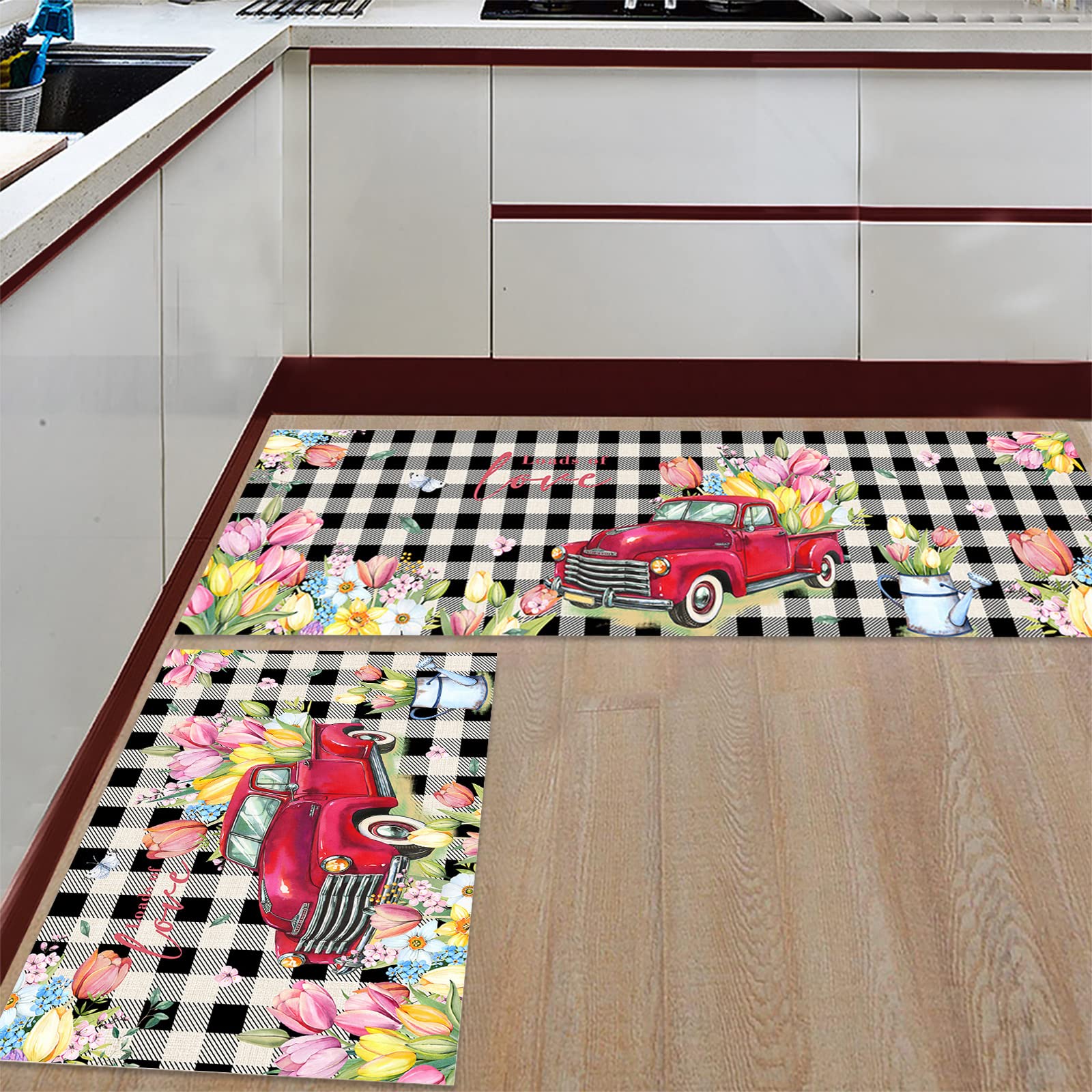 2-Piece Non-Slip Kitchen Mat Set with Cushioned Comfort - Spring Tulips & Red Truck Black Plaid Design - Thick Standing Mats for Sink & Stove Areas - Perfect for Cooking, Baking & Dishwashing Comfort