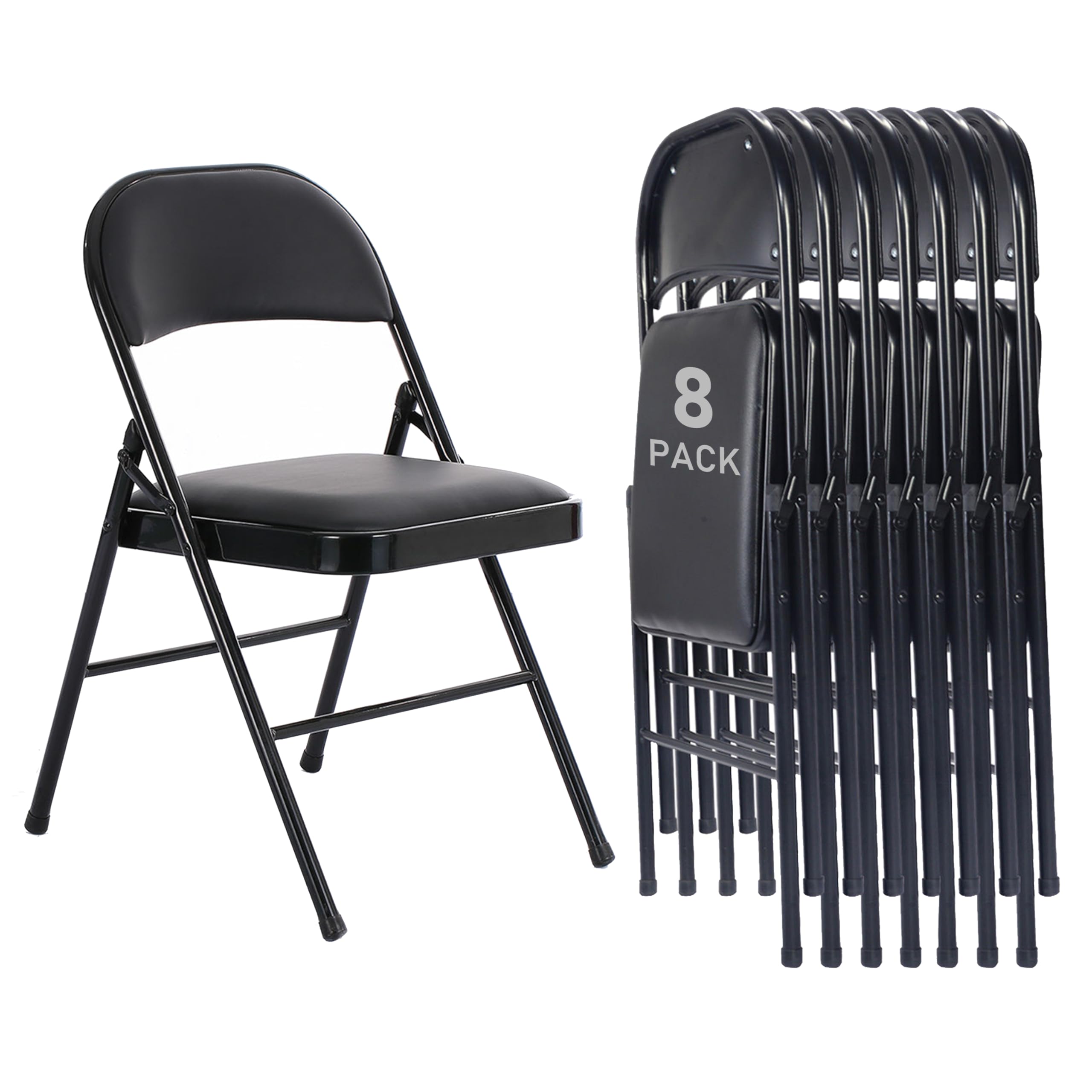 8 Pack Black Folding Chairs with Padded Seat & Back - Heavy Duty Steel Frame Stackable Chairs for Outdoor/Indoor Use - 330lbs Capacity - Perfect for Events, Weddings, Parties, Office & Commercial Spaces