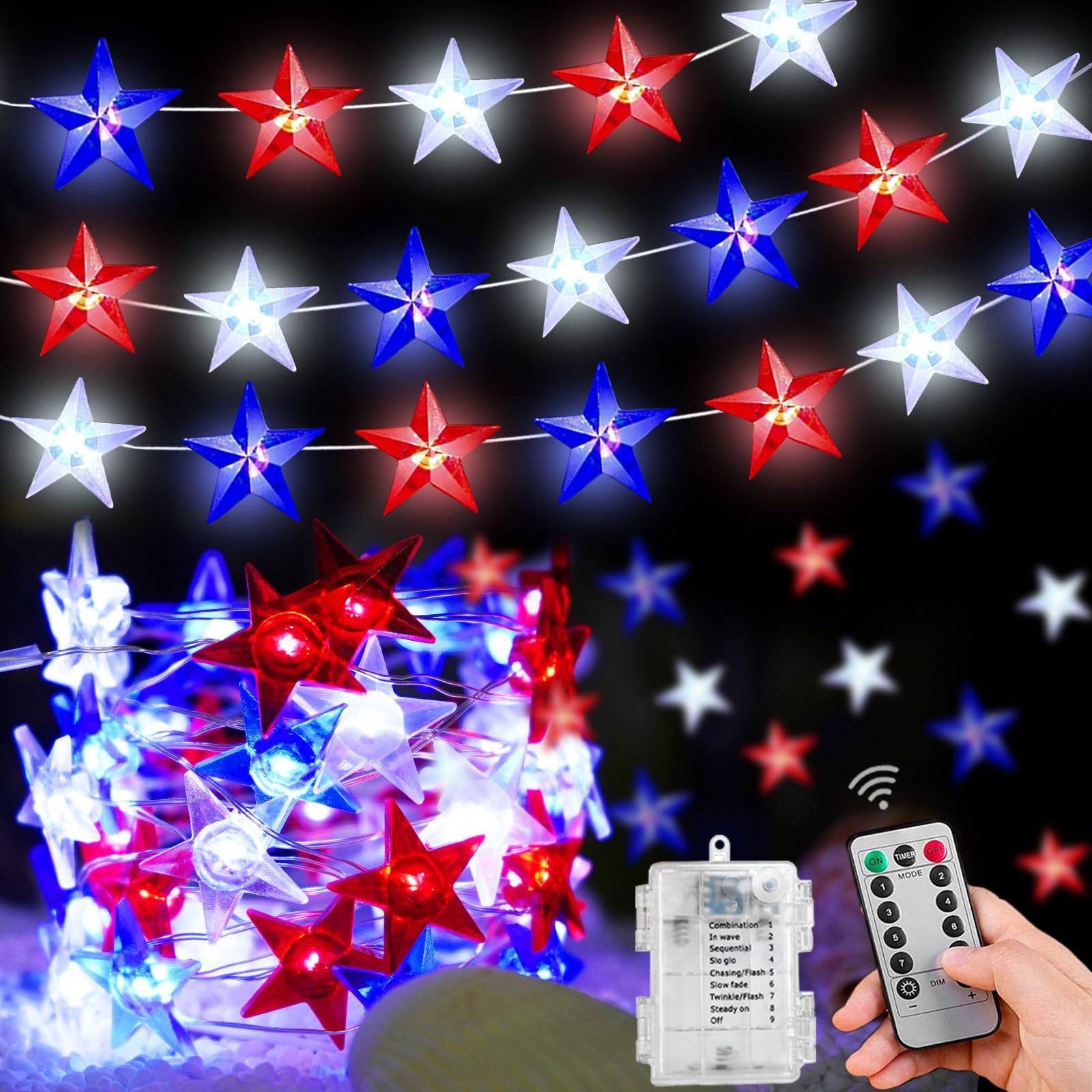 4th of July Patriotic Lights - 10FT 40LED Battery Operated String Lights with Remote Timer for Independence Day, Memorial Day & Christmas Decorations | Perfect for Home, Yard, Party & Outdoor Celebrations