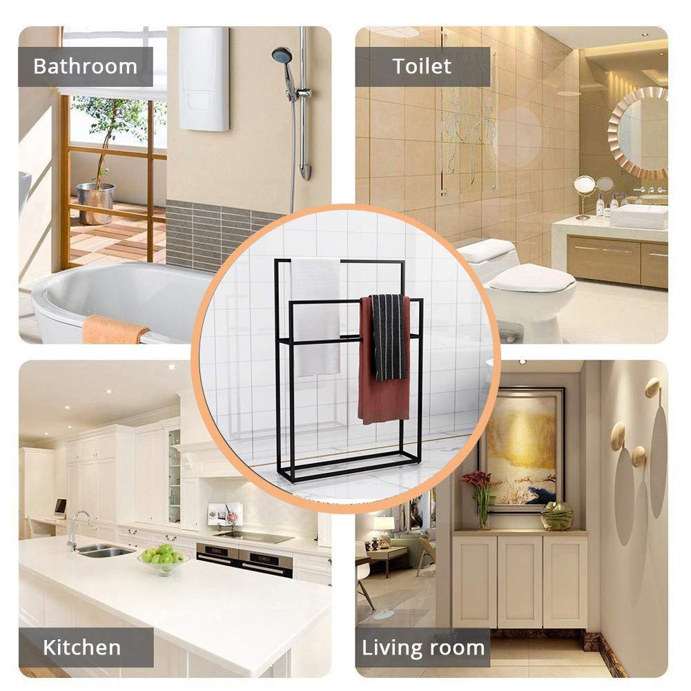 Freestanding Stainless Steel Towel Rack for Bathroom - Modern 2-Tier Floor Stand (75x20x110cm) - Holds Quilts, Blankets, Bath Towels & Clothes - Perfect for Spa, Hotel, or Home Bathroom Organization (Black)