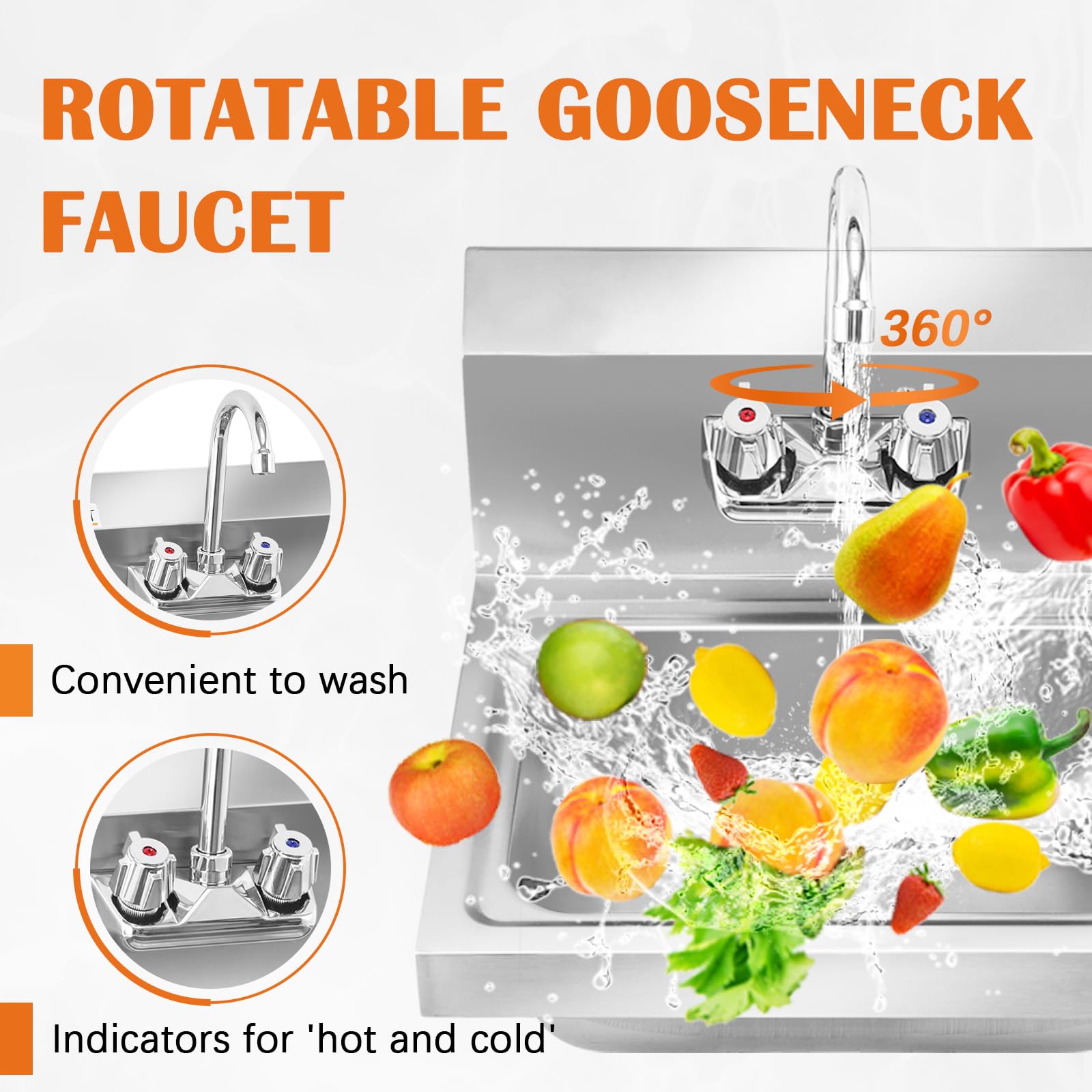 Premium 304 Stainless Steel Wall Mount Commercial Sink - Heavy Duty Restaurant Hand Washing Sink with Backsplash - 17