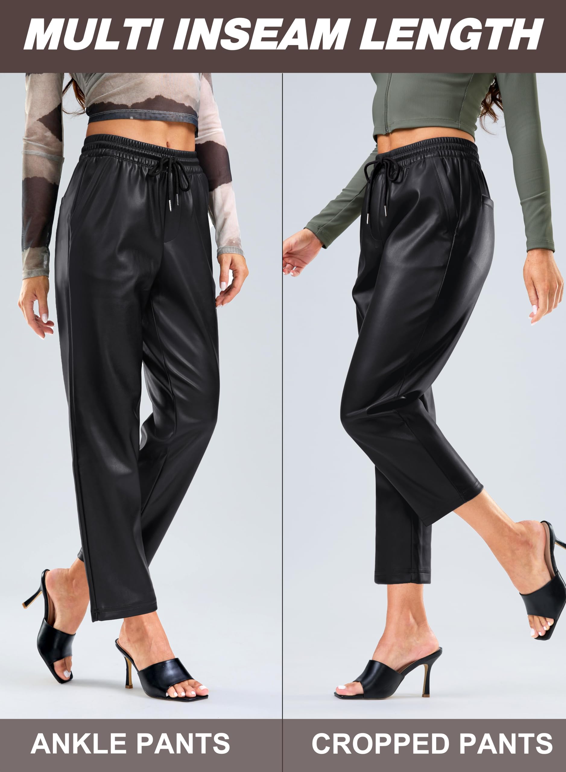 SANTINY Women's Faux Leather Pants - High Waisted Straight Leg Vegan Pleather Trousers | Matte Black Cropped Ankle Pants for Women | Perfect for Office, Night Out & Casual Wear
