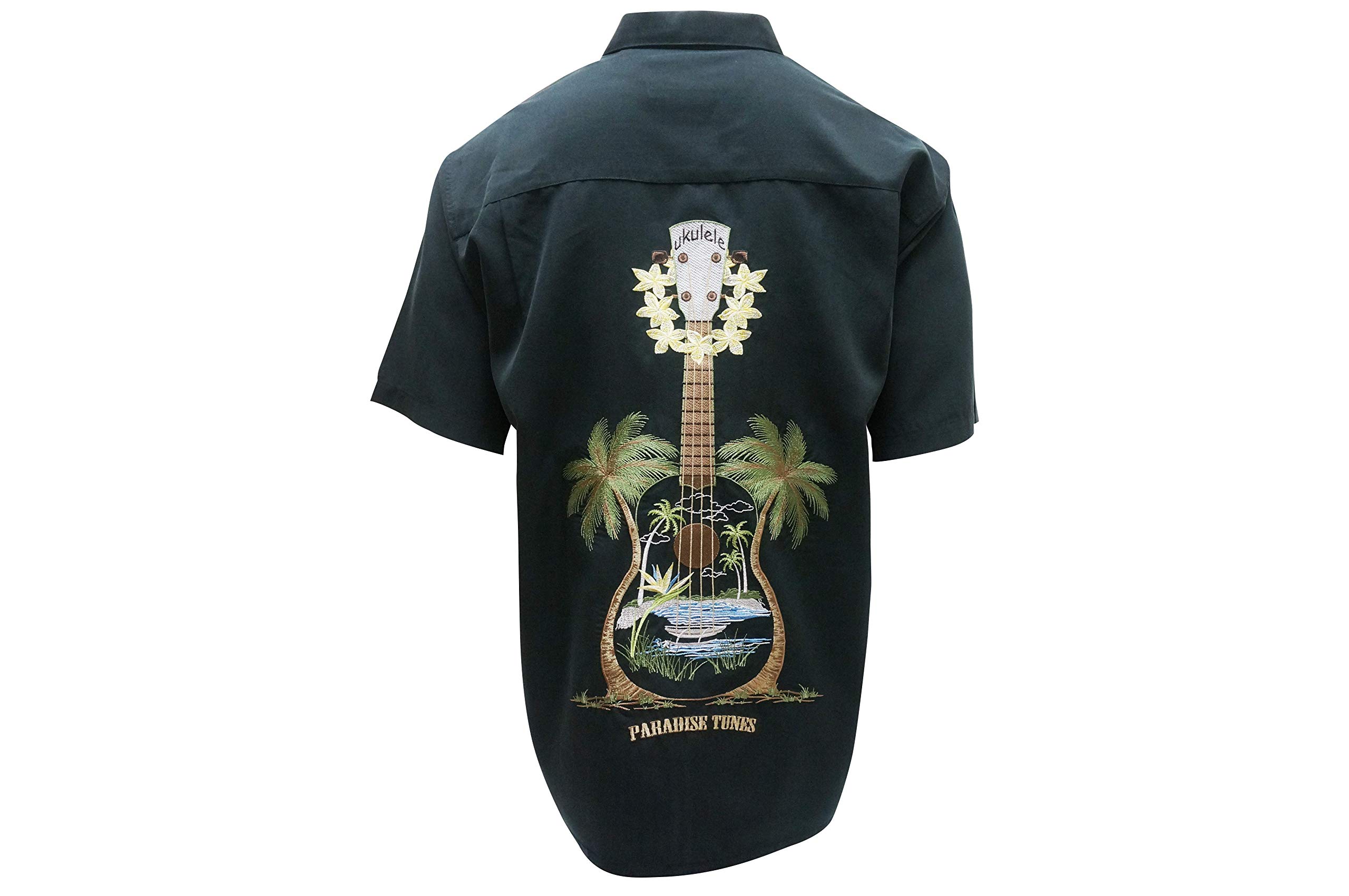 Bamboo Cay Men's Short Sleeve Hawaiian Shirt with Ukulele Island Embroidery - Casual Button Down Shirt for Beach Vacation, Summer Party & Tropical Getaways