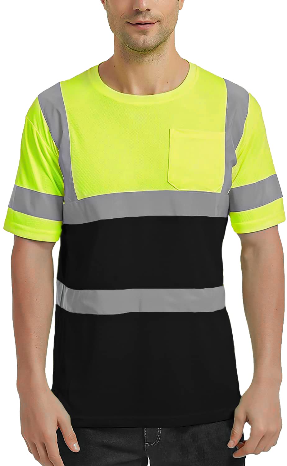 BeautyWill Class 2 Reflective Safety T-Shirts for Men - High Visibility Work Shirts with Pocket, Yellow Short Sleeve | Perfect for Construction, Road Work & Nighttime Safety