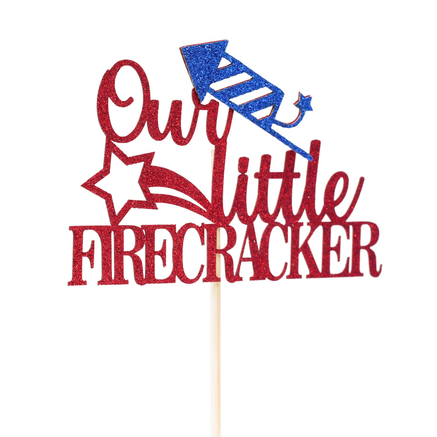 Our Little Firecracker Cake Topper - 4th of July Patriotic Cake Decorations for 1st Birthday & Parties - Red and Blue Glitter - Perfect for Independence Day Celebrations, Baby Showers & Gender Reveals