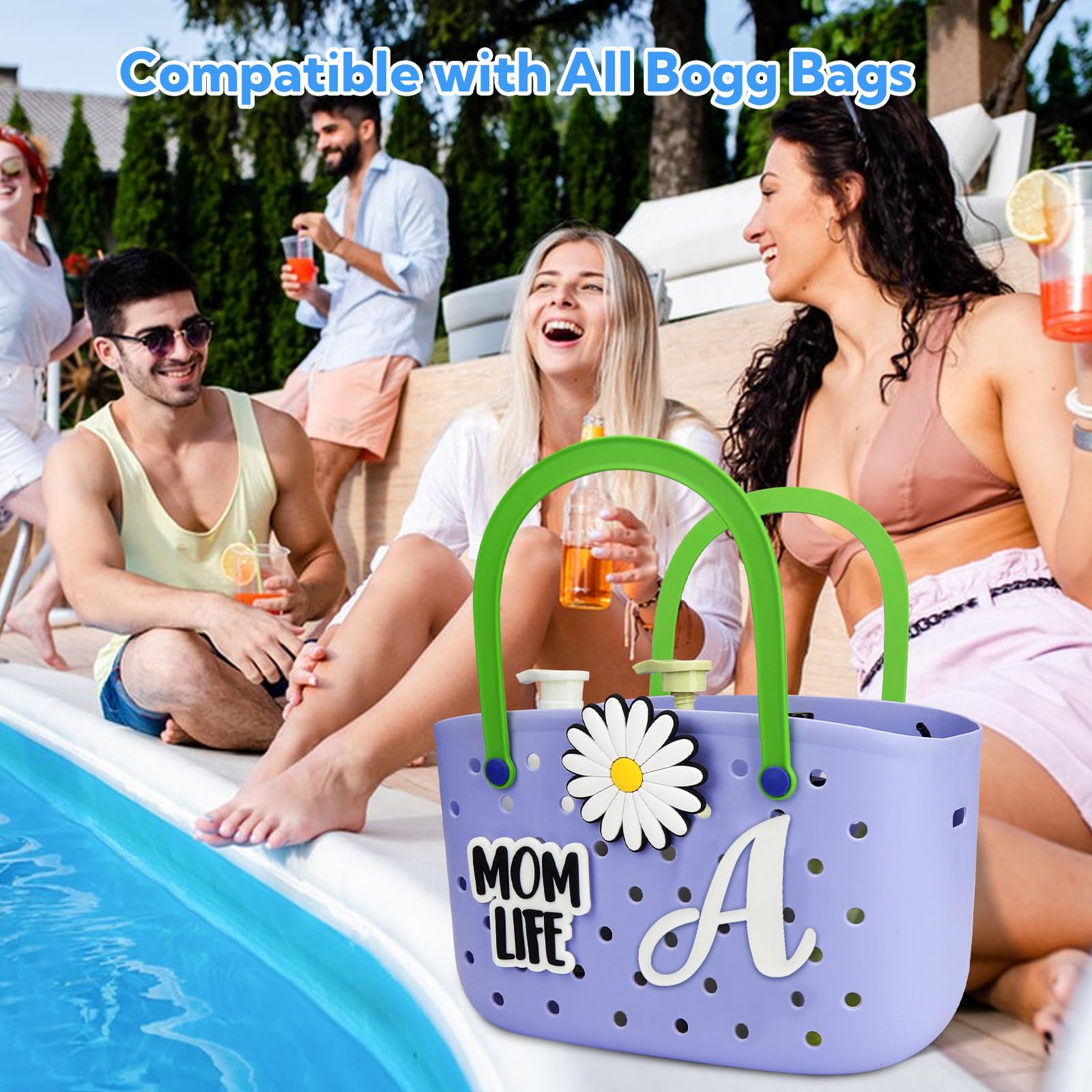 CONLI 3-Piece Letter Charms for Bogg Bag - Decorative Alphabet Inserts for Rubber Beach Tote & Handbag - Floral Accessories for Beach, Pool & Summer Outings