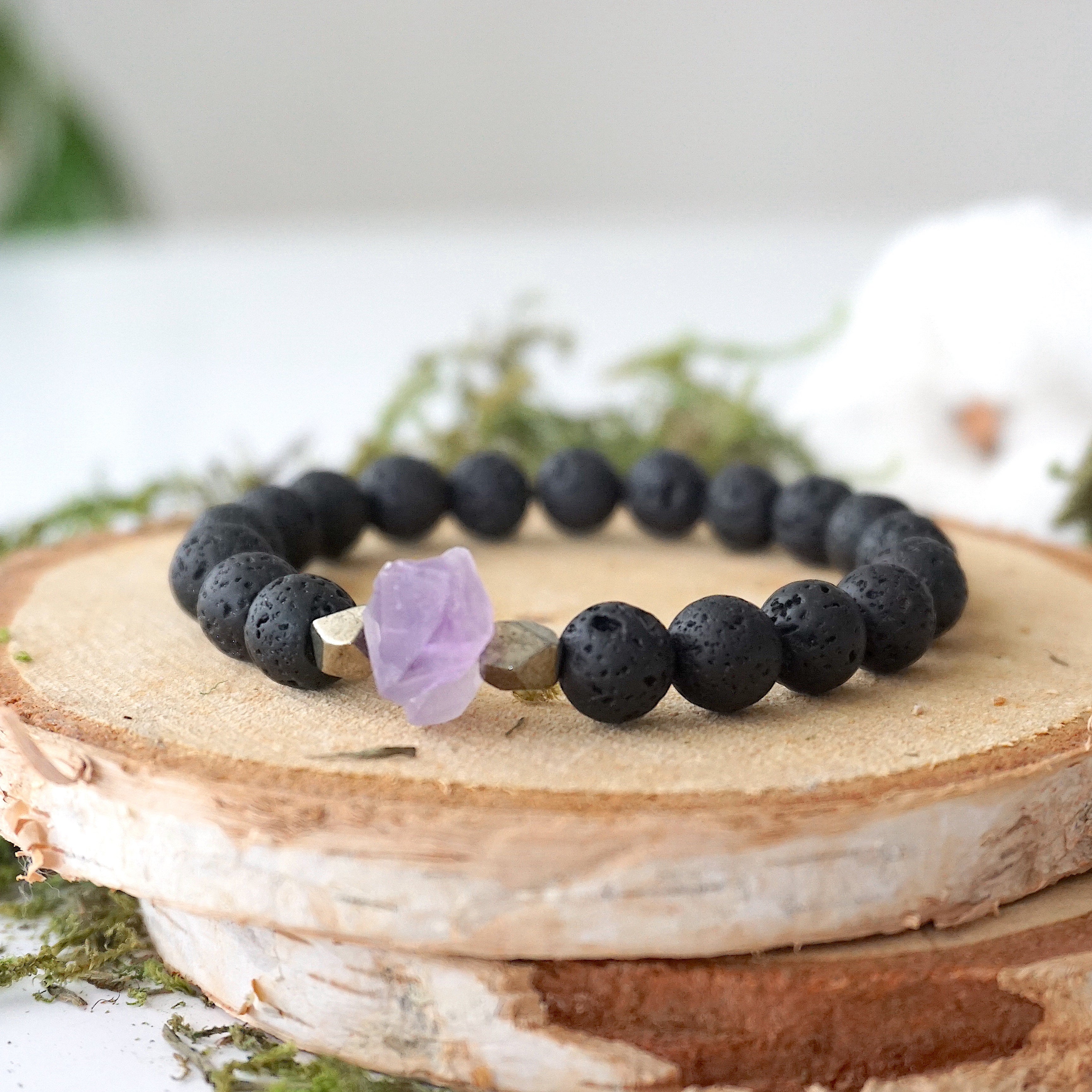 Natural Raw Amethyst & Black Lava Stone Beads Healing Crystal Mala Bracelet for Meditation, Yoga & Spiritual Protection | Handmade Gemstone Jewelry Gift