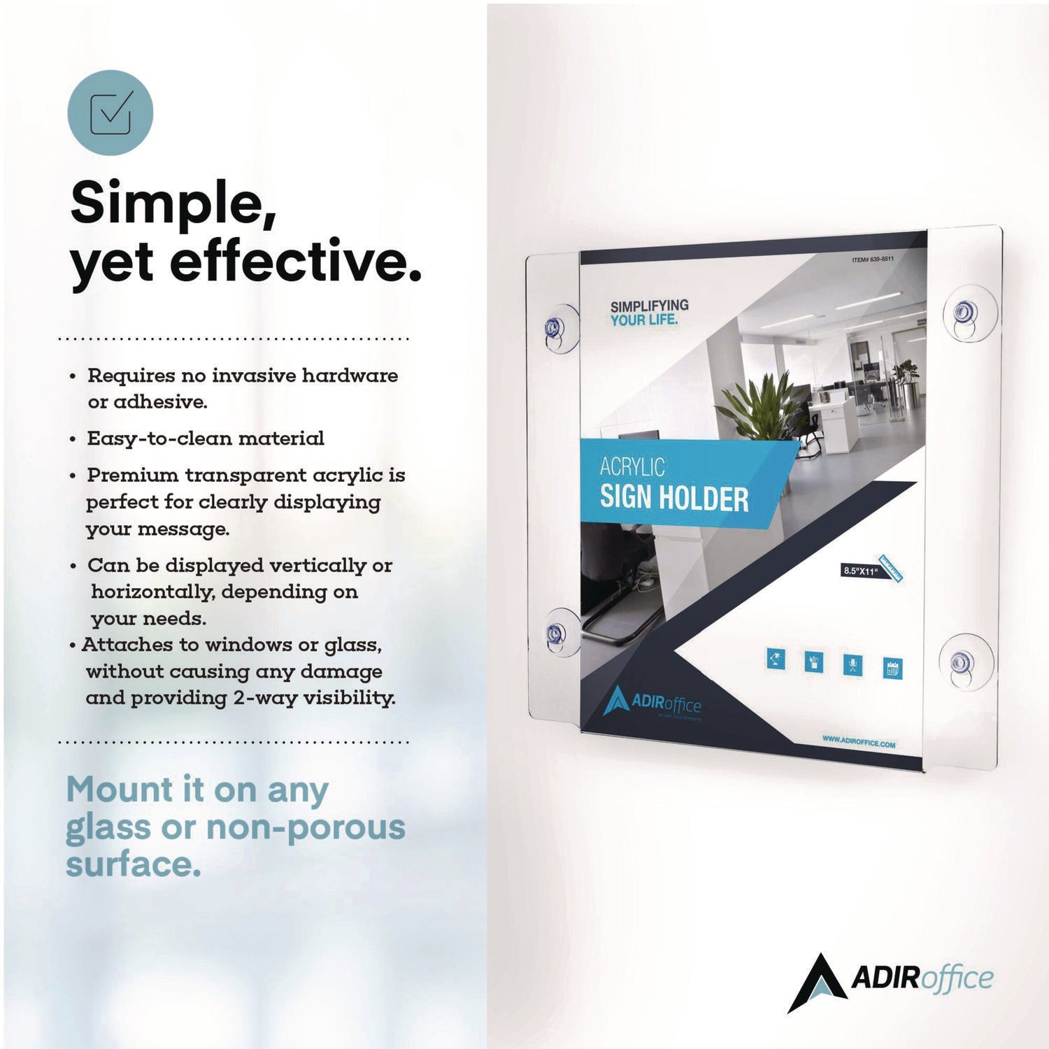 AdirOffice Clear Suction Acrylic Window Sign Holder - 8x11 Inches - Transparent Frame - 2 Pack - Perfect for Retail Stores, Restaurants, and Office Windows