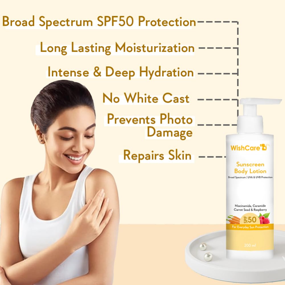 WishCare De-Tan Body Lotion Combo with AHA BHA & SPF50 Sunscreen - 200ml Each | Brightening & Sun Protection for Face & Body | Perfect for Daily Skincare & Outdoor Activities