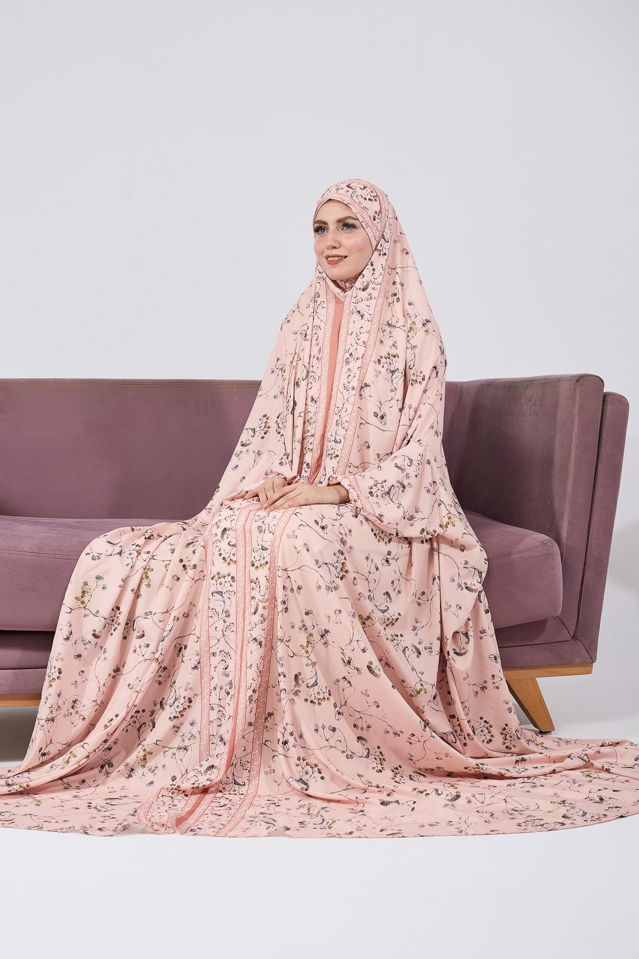 Nouria Satin Floral Prayer Gown - Elegant Floral Print Islamic Prayer Dress with Elastic Cuffs for Women - Perfect for Salah, Ramadan, Eid and Home Worship