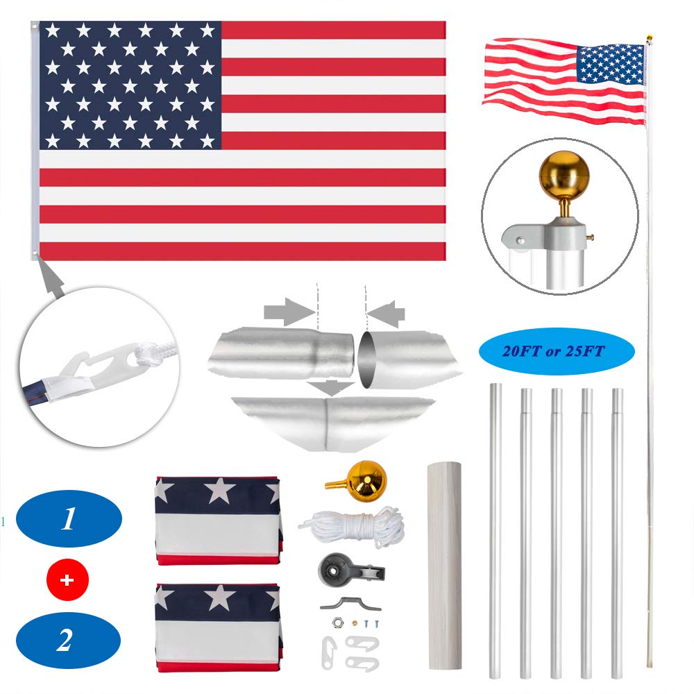 20FT/25FT American Flag Pole Kit with 3x5FT US Flag - 16 Gauge Aluminum Portable Ground Sectional Halyard Pole for Outdoor Commercial & Residential Use - Perfect for Patriotic Displays, Government Buildings, Schools & Backyards