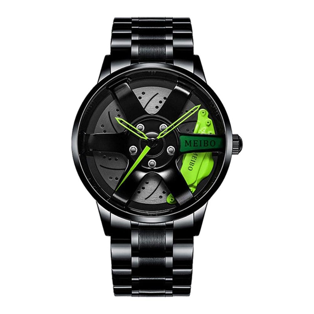 Men's Sports Watch - 3D Hollow Car Wheel Design Stainless Steel Wristwatch (Green) | Waterproof Digital Chronograph for Running, Driving & Outdoor Activities