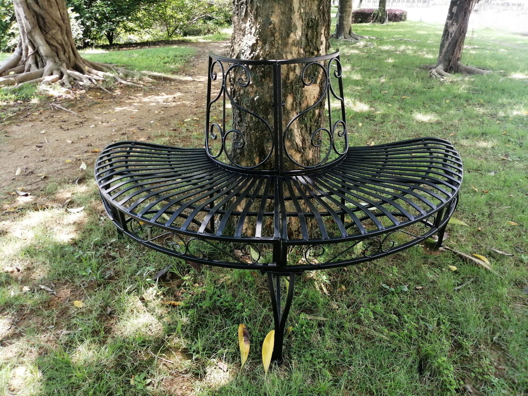 Hi-Line Gift Ltd. 78669-BK Black Semi-Circle Tree Wrap Bench - Outdoor Garden Decor for Patio, Lawn, and Backyard Landscaping