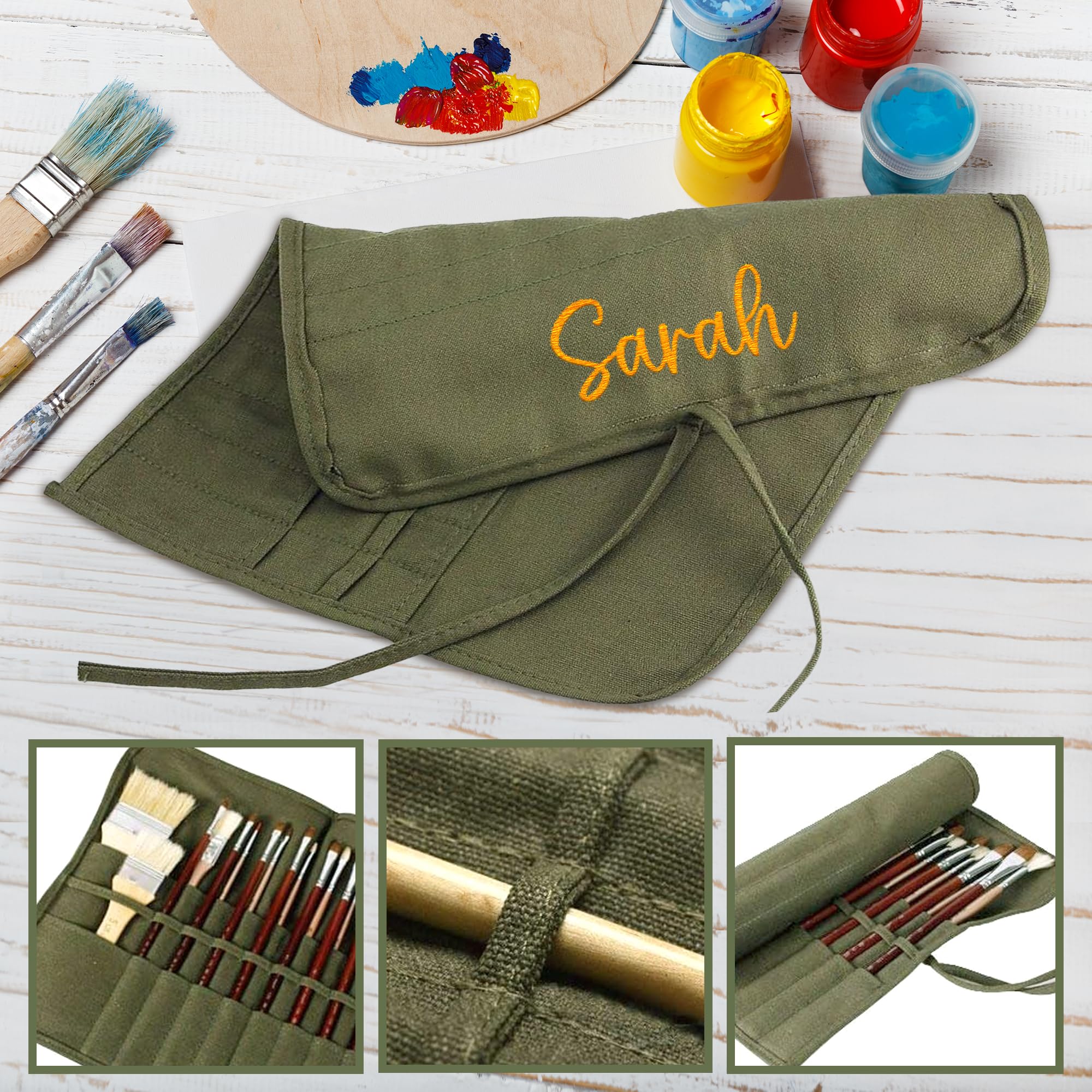 Custom Personalized Paint Brush Holder for Artists - Engraved Name Canvas Brush Organizer for Acrylic, Oil & Watercolor Brushes - Army Green Roll Pouch Holds 100 Brushes - Perfect for Art Studios, Painting Classes & Travel
