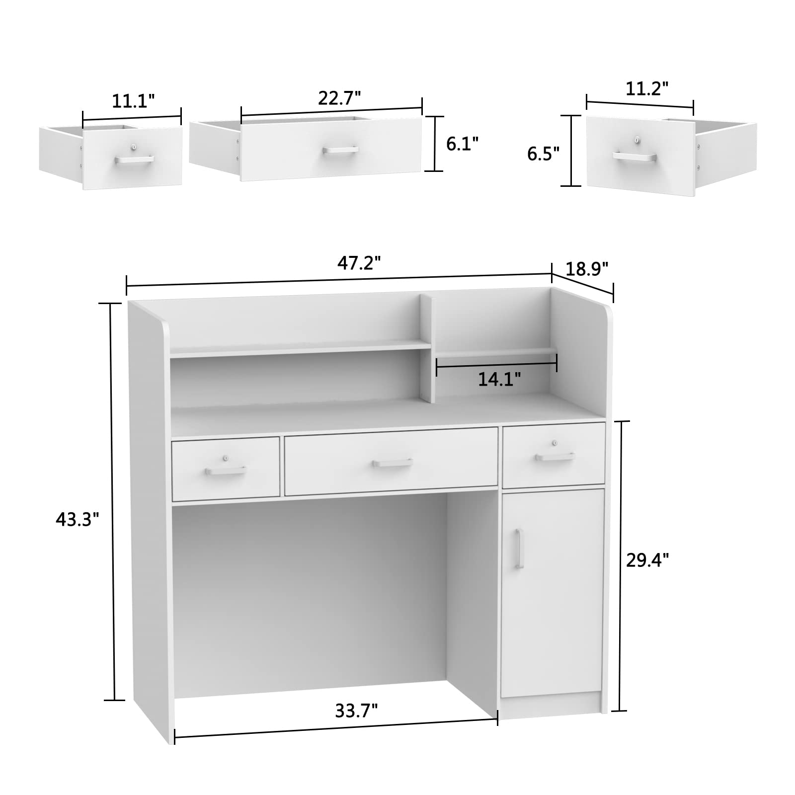 Wooden Reception Desk with Open Shelf & Lockable Drawers - Office Furniture for Reception Rooms (White)