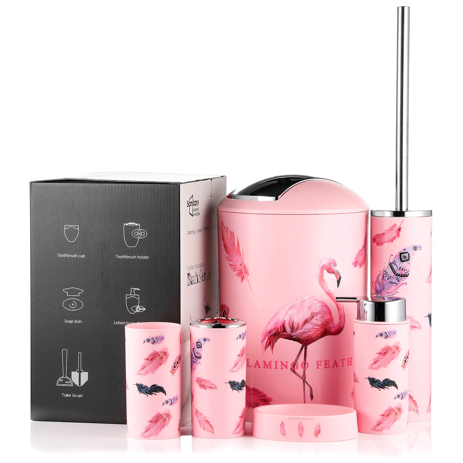6-Piece Plastic Bathroom Accessories Set - Toothbrush Holder, Cup, Soap Dish, Hand Sanitizer Bottle, Trash Can & Toilet Brush (Flamingo Design) - Perfect for Bathroom Organization and Home Decor