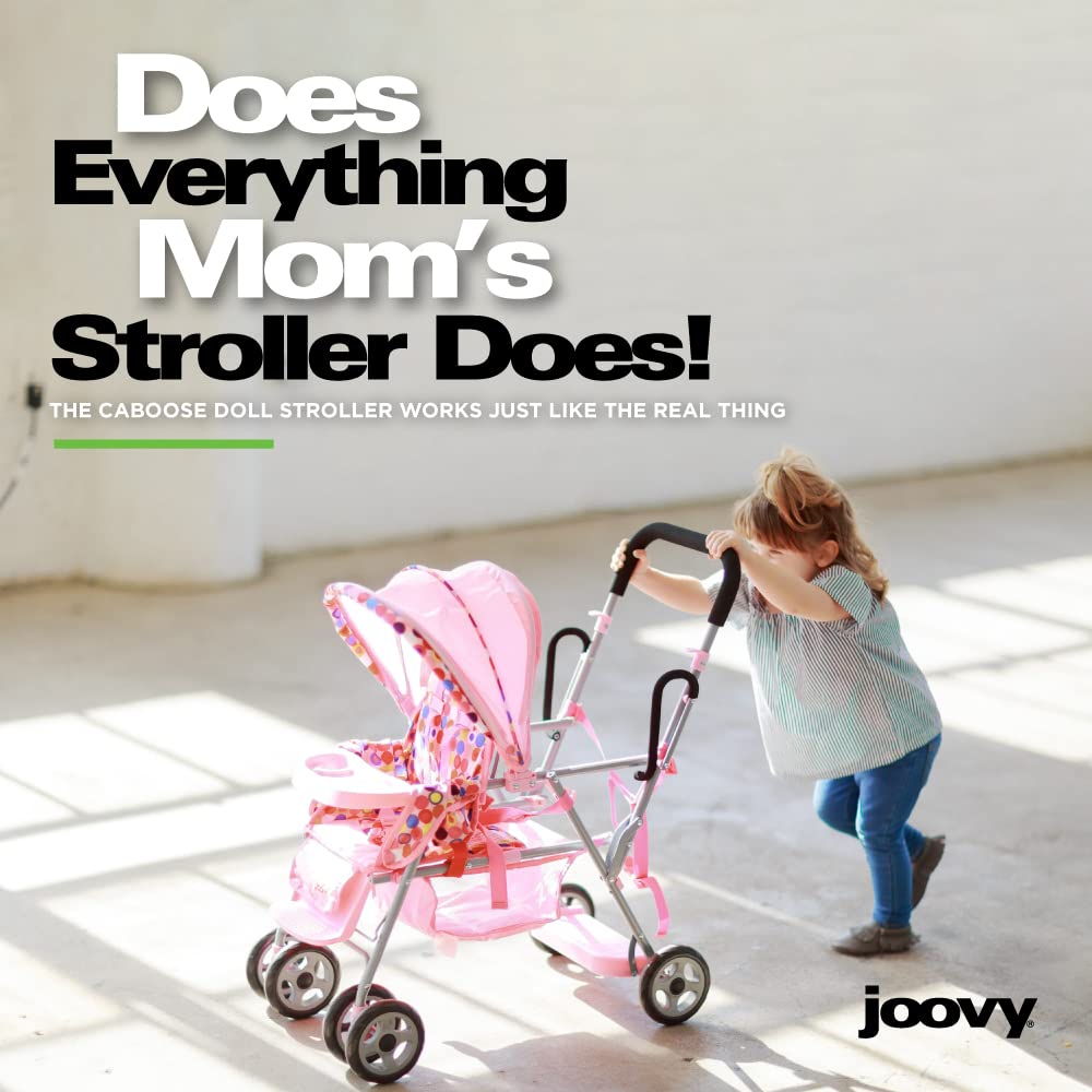 Joovy Toy Caboose Baby Doll Stroller with Reclining Seat, Adjustable Footrest & Storage - 3 Doll Capacity | Pink Dot Stroller for Kids Pretend Play, Role Play & Indoor/Outdoor Toddler Activities