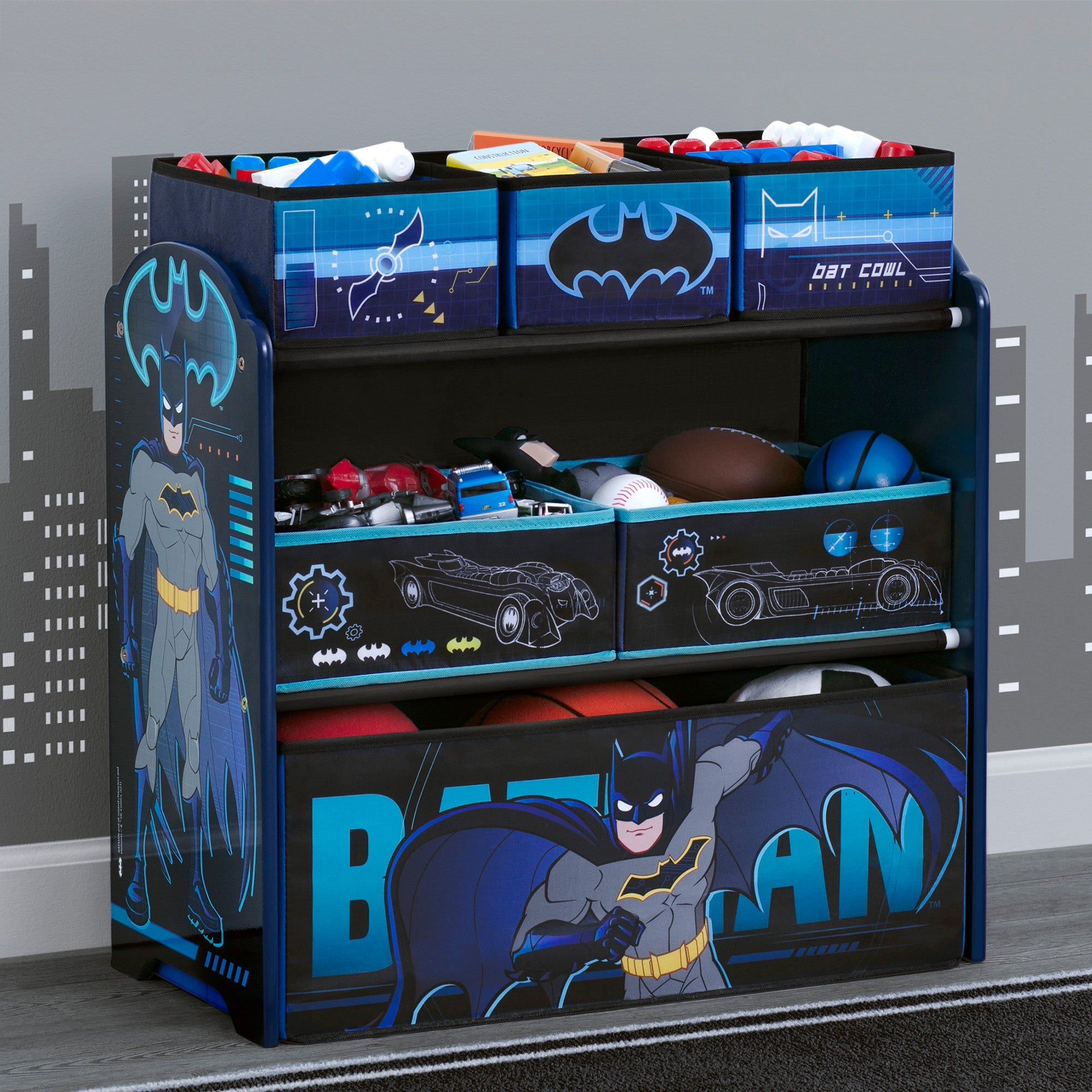 Batman Toy Organizer with 6 Bins - Kids Room Storage Solution for Toys, Books & School Supplies - Perfect for Playrooms, Bedrooms & Daycare Centers