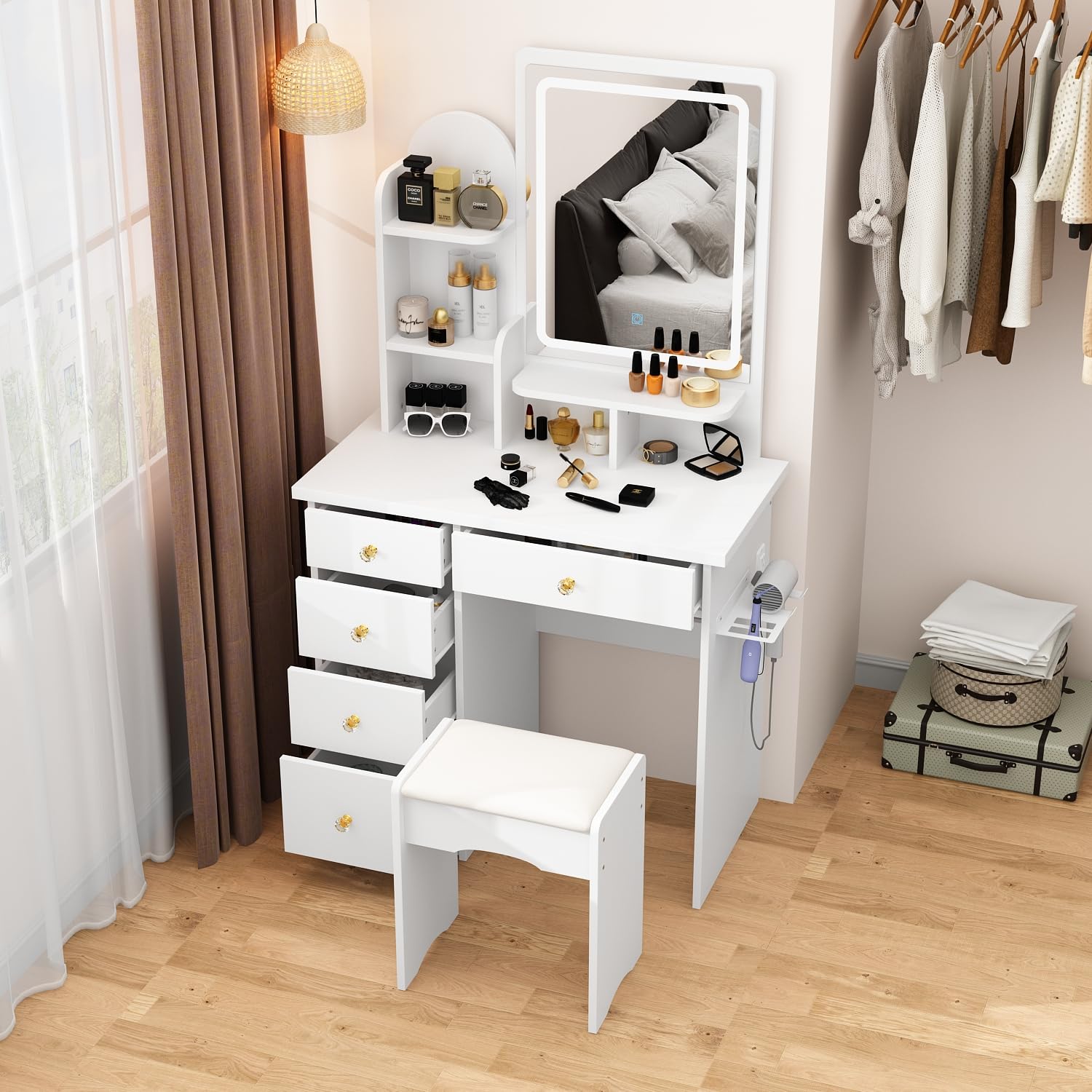 ECACAD Makeup Vanity Desk with LED Lighted Mirror, Power Outlet & Hair Dryer Holder - White Makeup Table with Adjustable Brightness (3 Lighting Modes), Storage & Chair - Perfect for Bedroom, Dressing Room & Beauty Salon