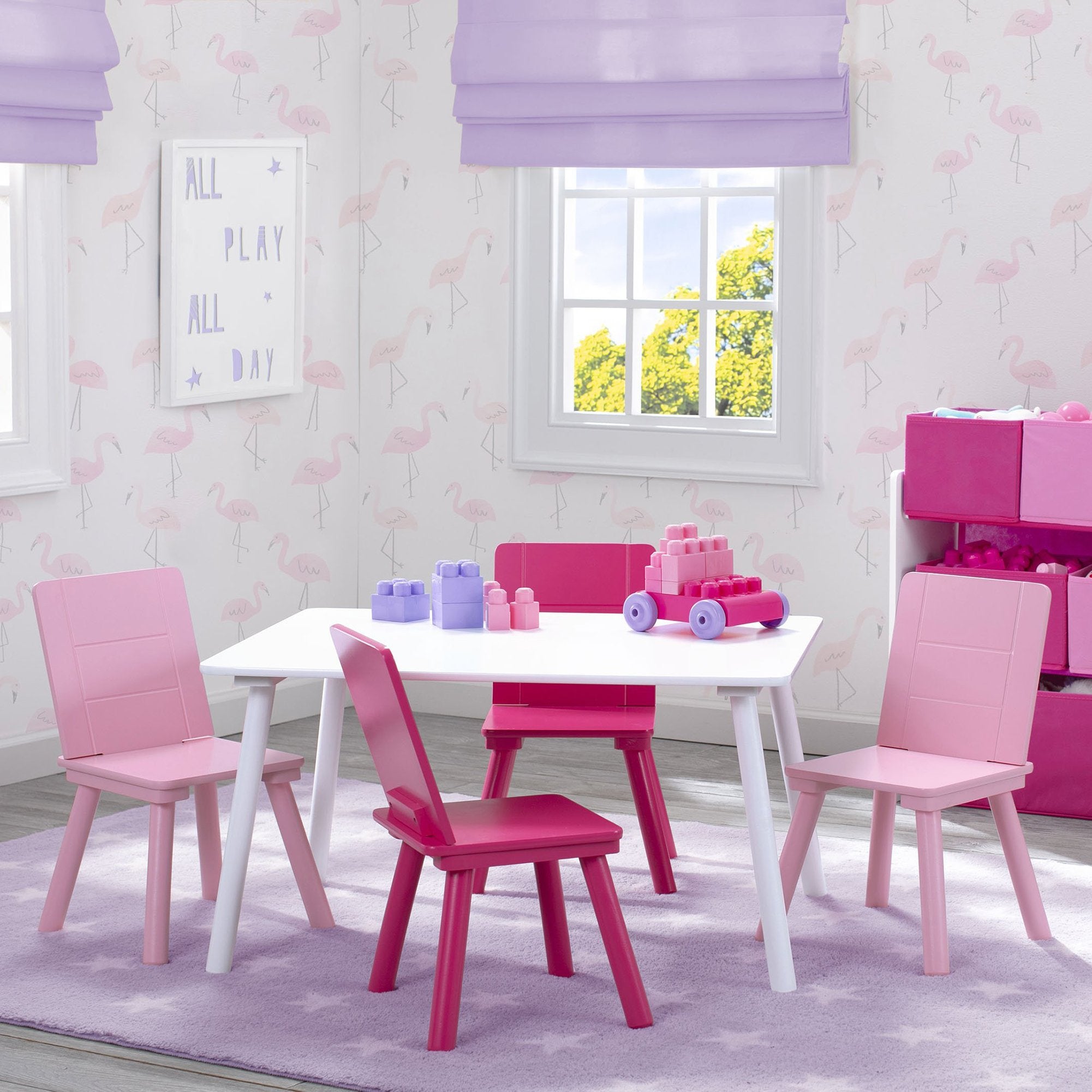 Kids Table and Chair Set - 4-Piece Wooden Children's Furniture for Playroom, Learning & Dining - Perfect for Toddlers & Preschoolers (Pink/Blue) - Ideal for Arts & Crafts, Snack Time, and Homeschooling Activities