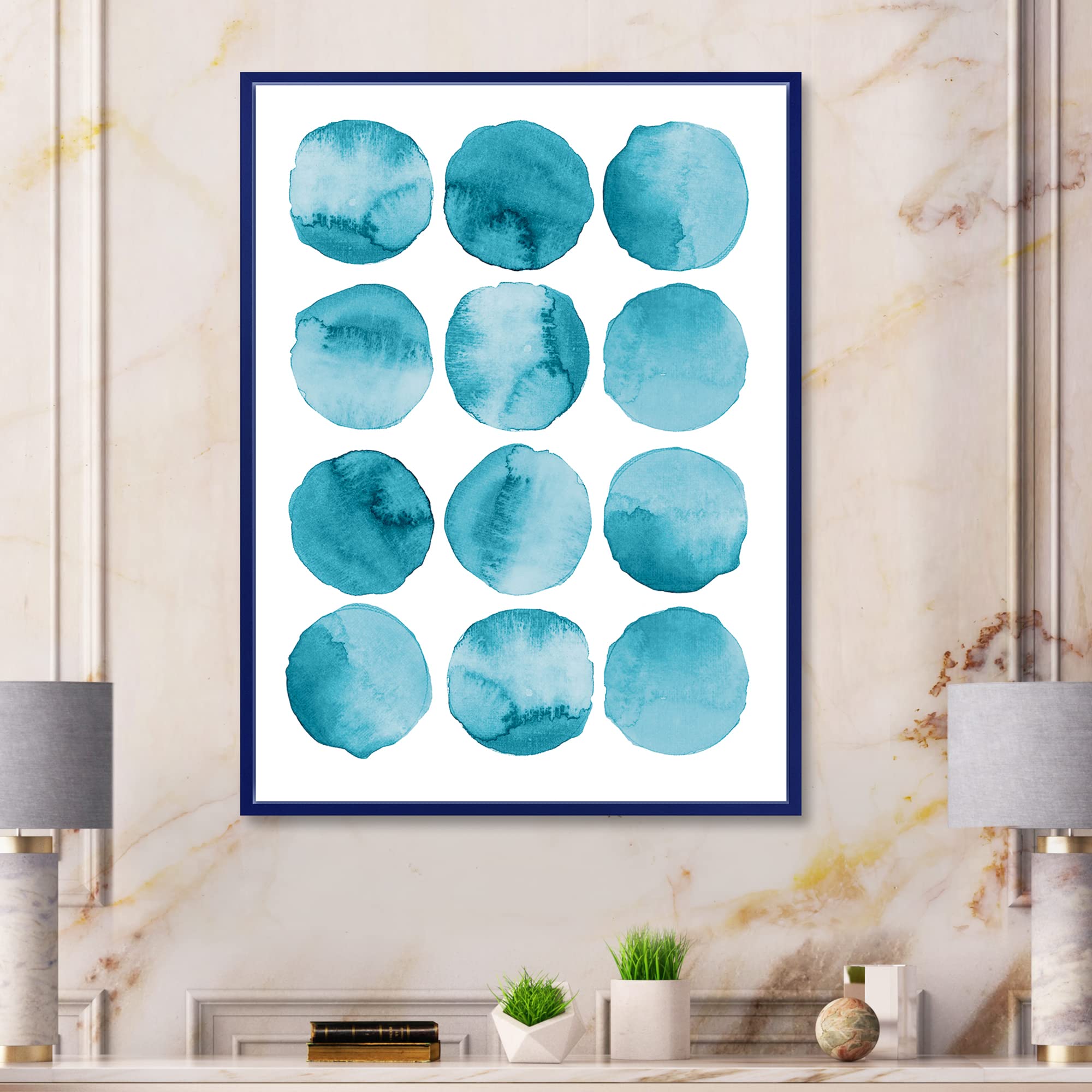 DesignQ Aquamarine Circles Blue Geometric Elements - Modern Framed Canvas Wall Art Print for Living Room, Bedroom & Office Decor