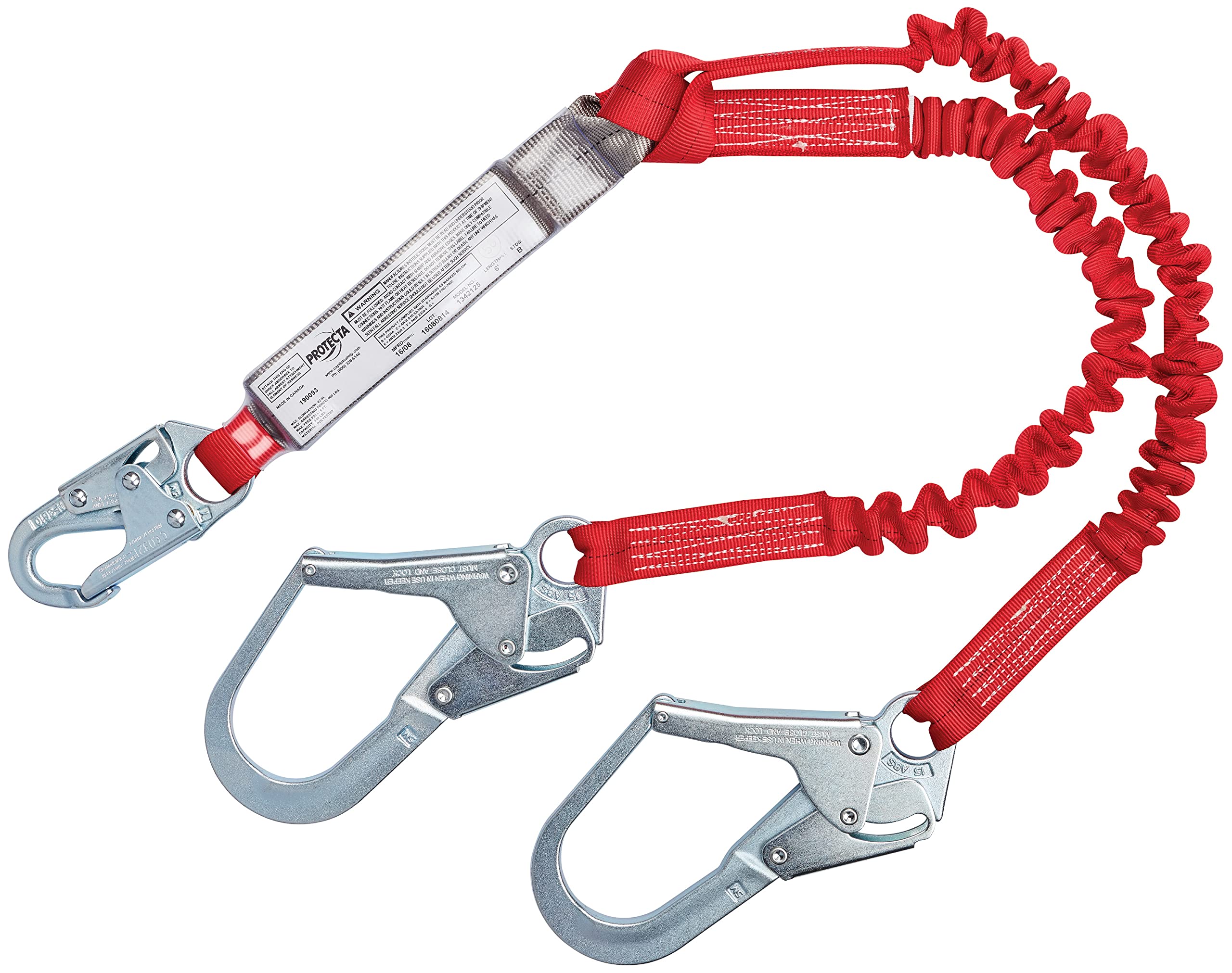 3M Protecta PRO Pack 1342125 6' Safety Lanyard - 100% Elastic Shock Absorbing Fall Protection with Snap Hook & Steel Rebar Hook - 310 lb Capacity (Red/Gray) - Ideal for Construction, Roofing & Industrial Work Safety